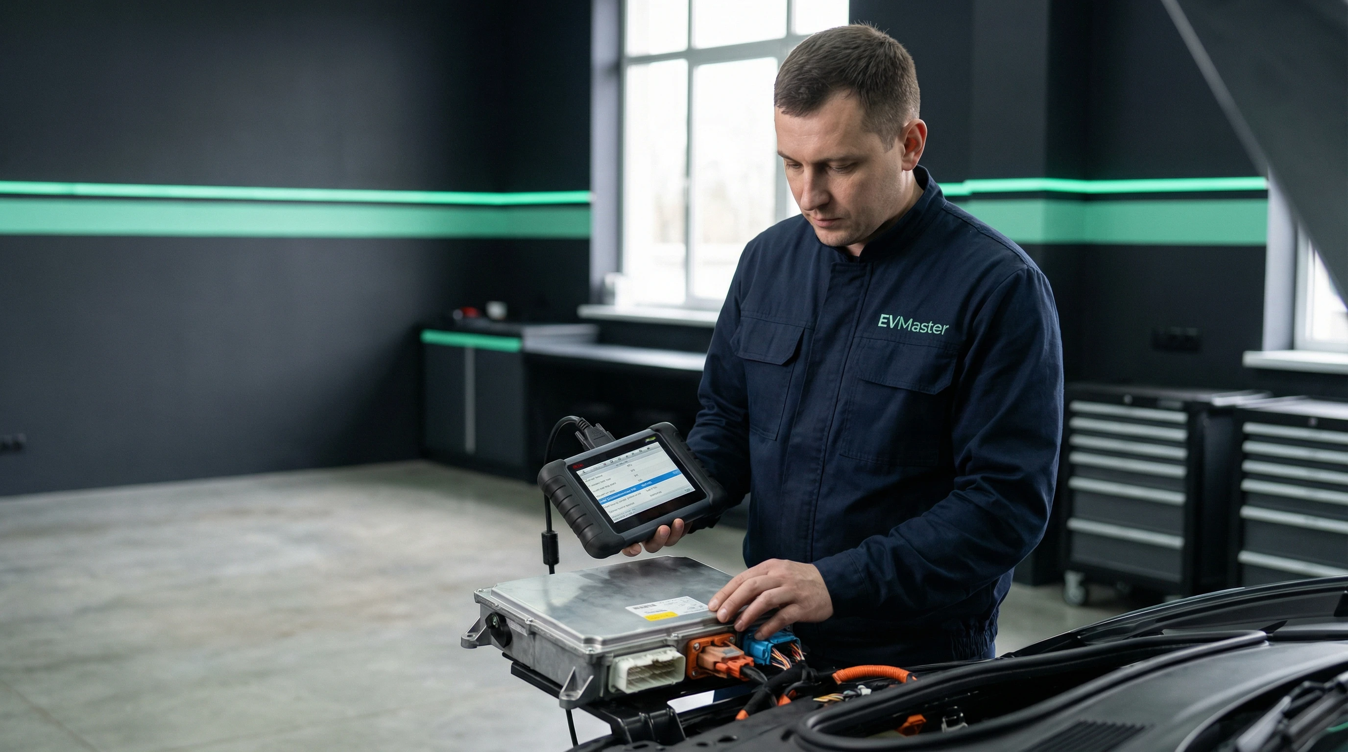 Мастер EVMaster проводит диагностику системы предподготовки батареи электромобиля перед быстрой зарядкой