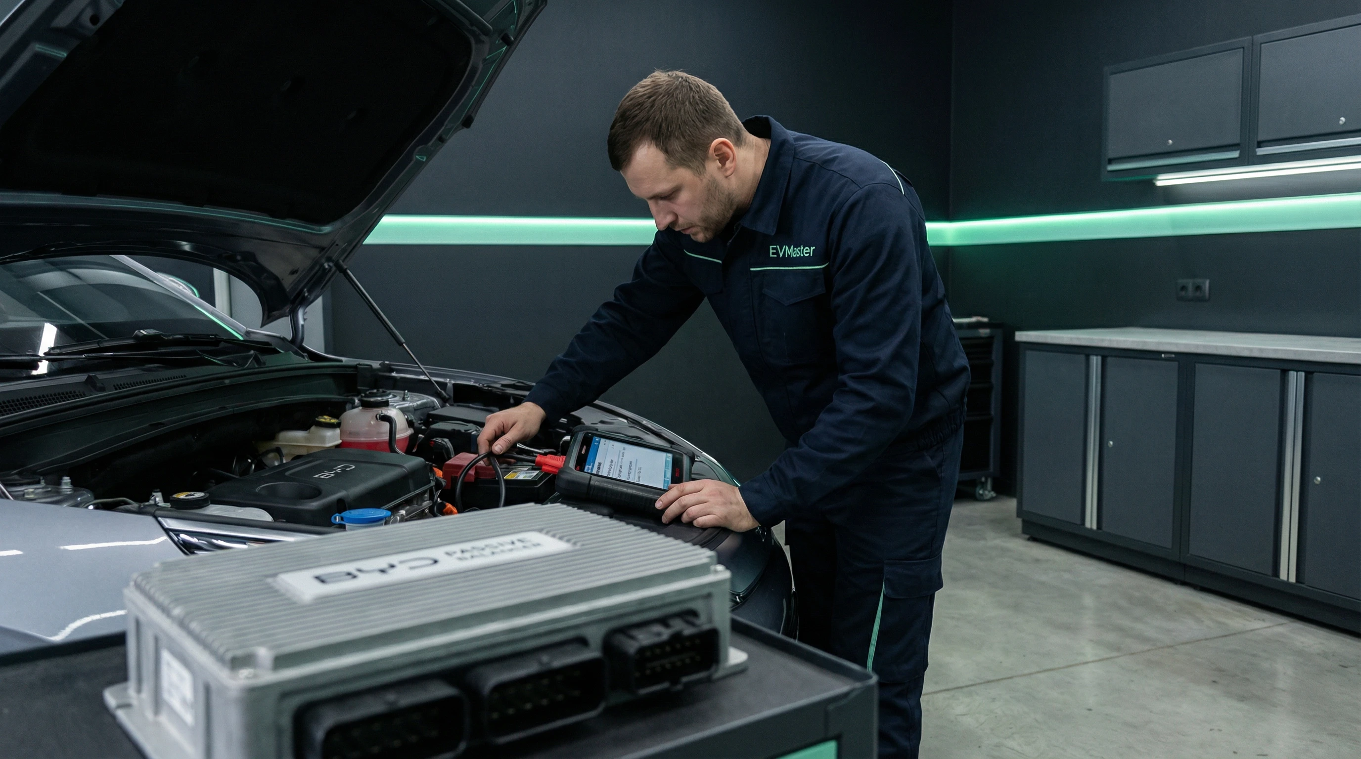 Мастер EVMaster диагностирует пассивный балансир BMS на электромобиле BYD в сервисе Минск
