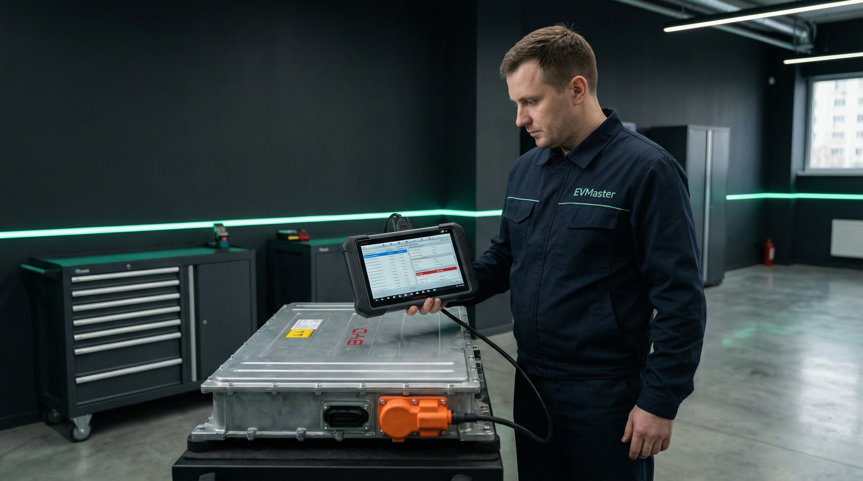 Мастер EVMaster проводит диагностику и активную балансировку аккумулятора электромобиля BYD в Минске