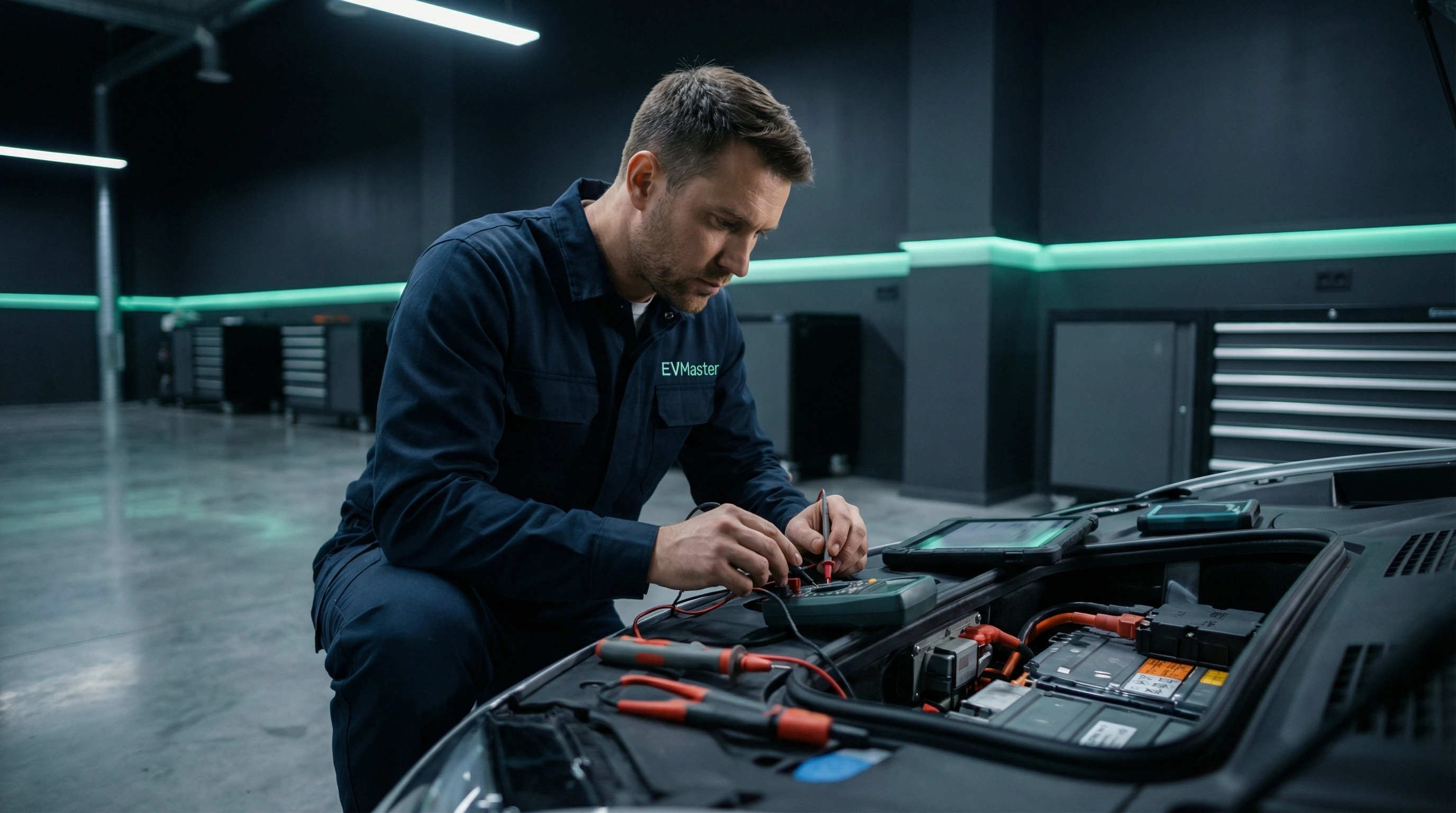 Мастер EVMaster проводит диагностику тока покоя электромобиля мультиметром в сервисном центре Минска