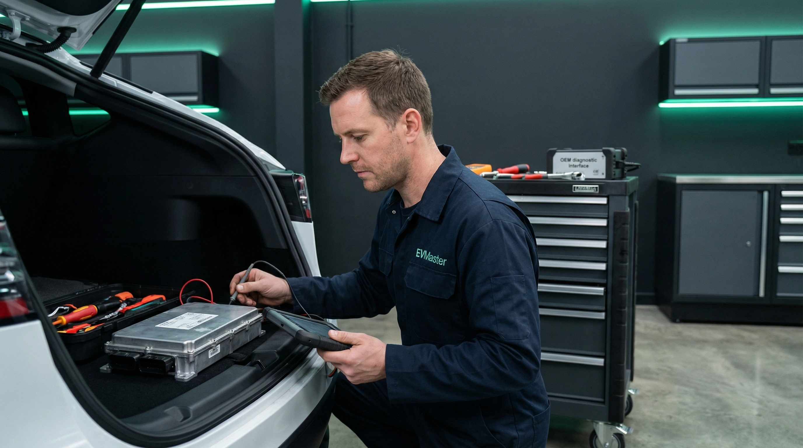 Мастер EVMaster диагностирует преобразователь напряжения электромобиля мультиметром в сервисном центре Минска