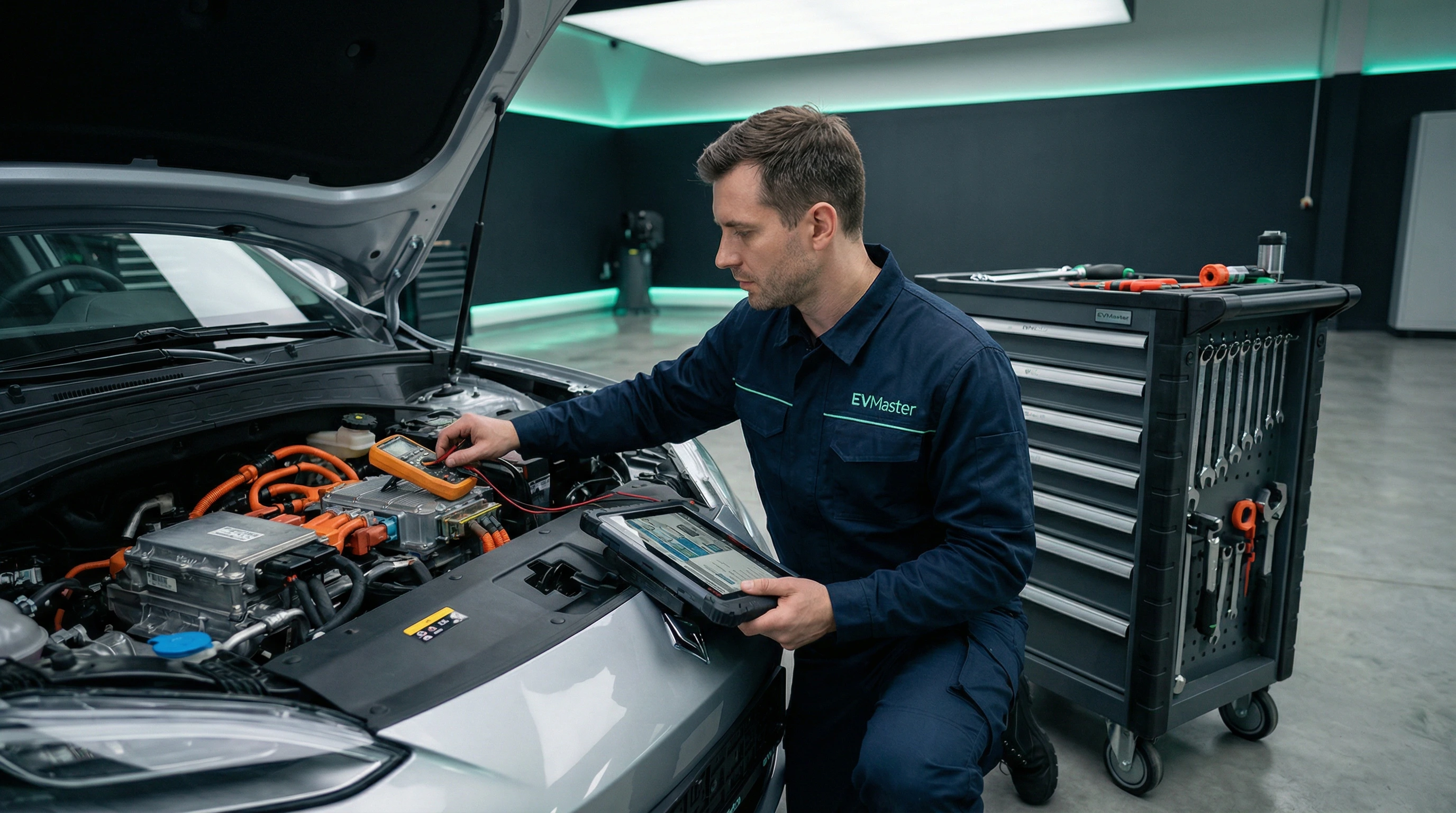 Мастер EVMaster диагностирует систему запуска электромобиля на парковке в Минске