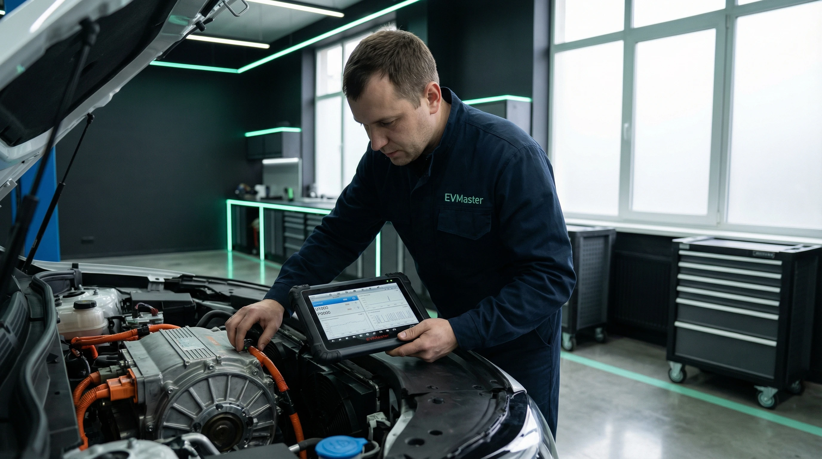 Мастер EVMaster проводит компьютерную диагностику электромобиля с анализом кодов ошибок и параметров