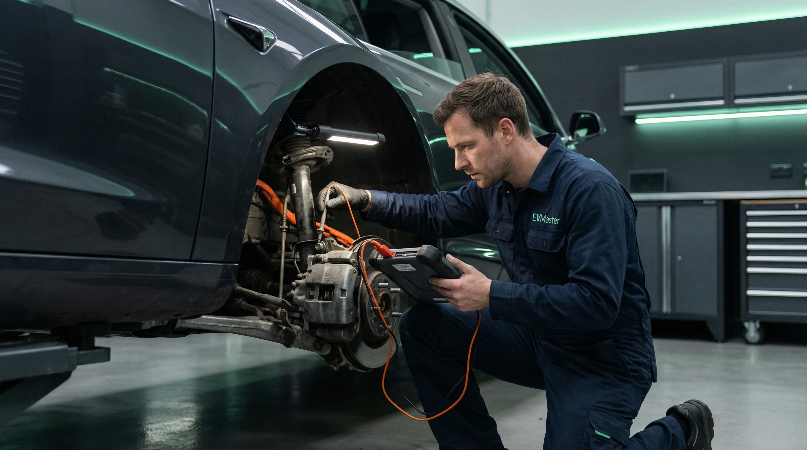 Мастер EVMaster проводит диагностику высоковольтной батареи электромобиля после дорожно-транспортного происшествия в Минске