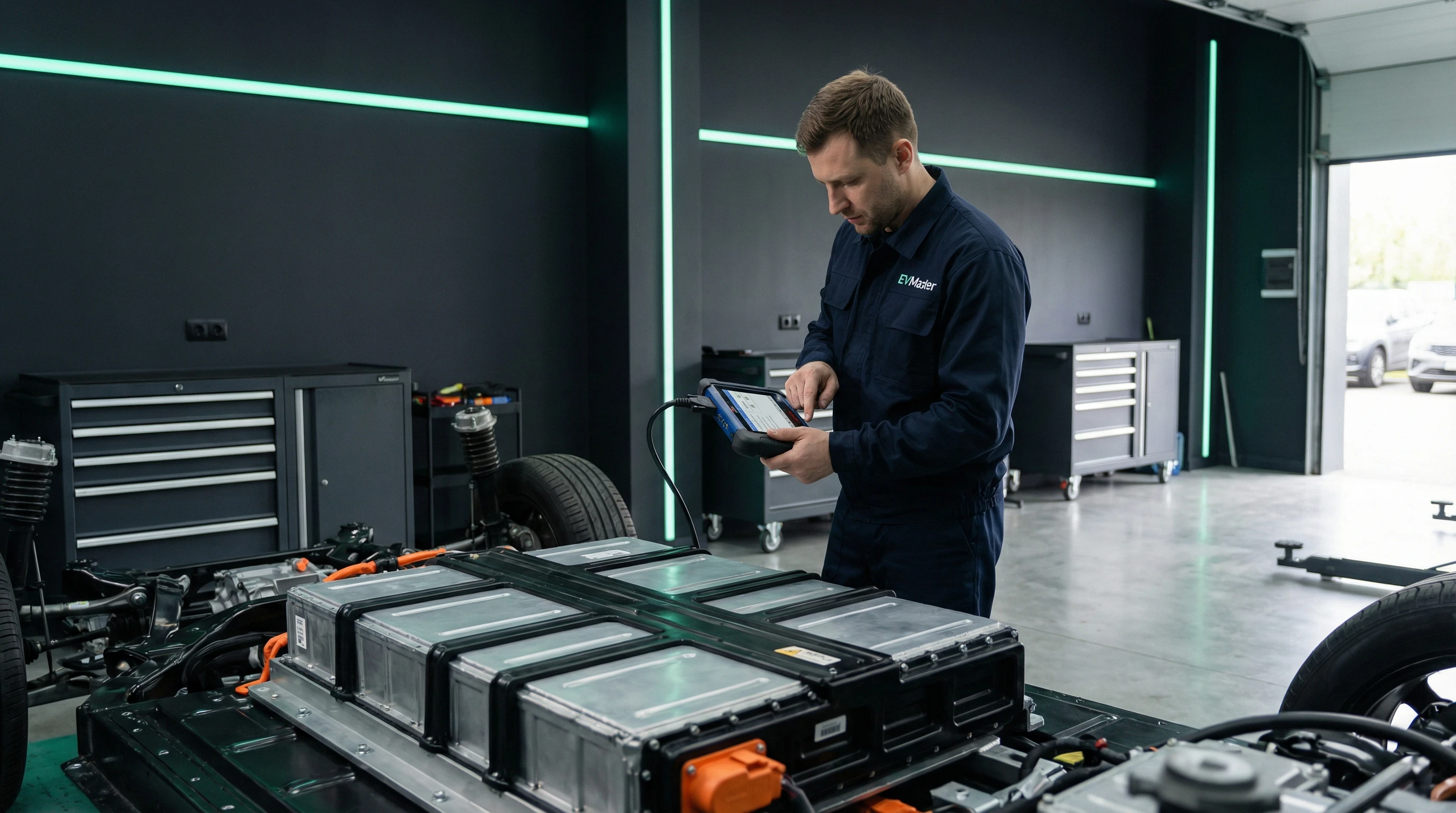 Специалист EVMaster диагностирует систему управления батареей электромобиля для настройки оптимального диапазона заряда