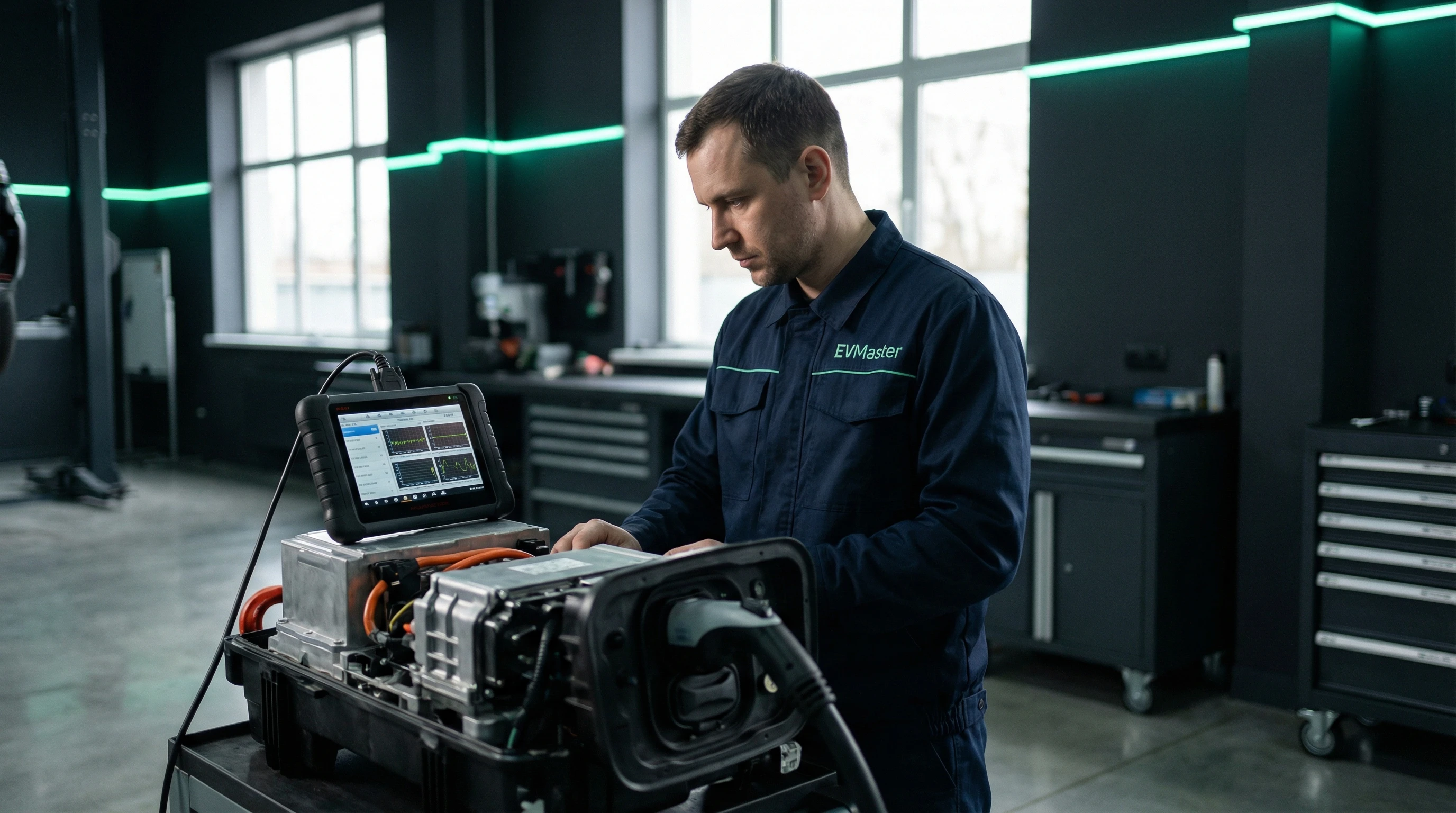 Мастер EVMaster диагностирует систему домашней зарядки электромобиля в Минске