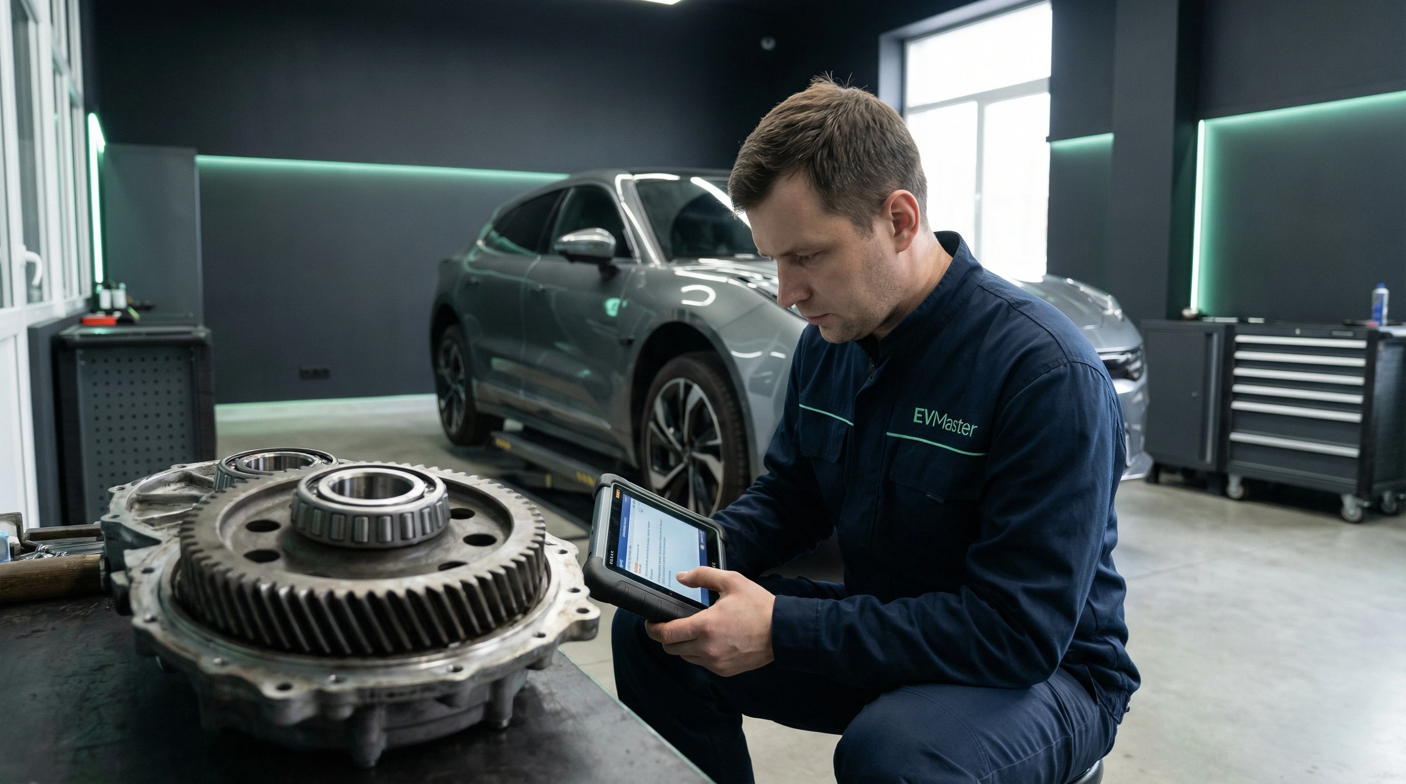 Мастер EVMaster диагностирует электроэрозию подшипников электромобиля Zeekr в сервисе Минска