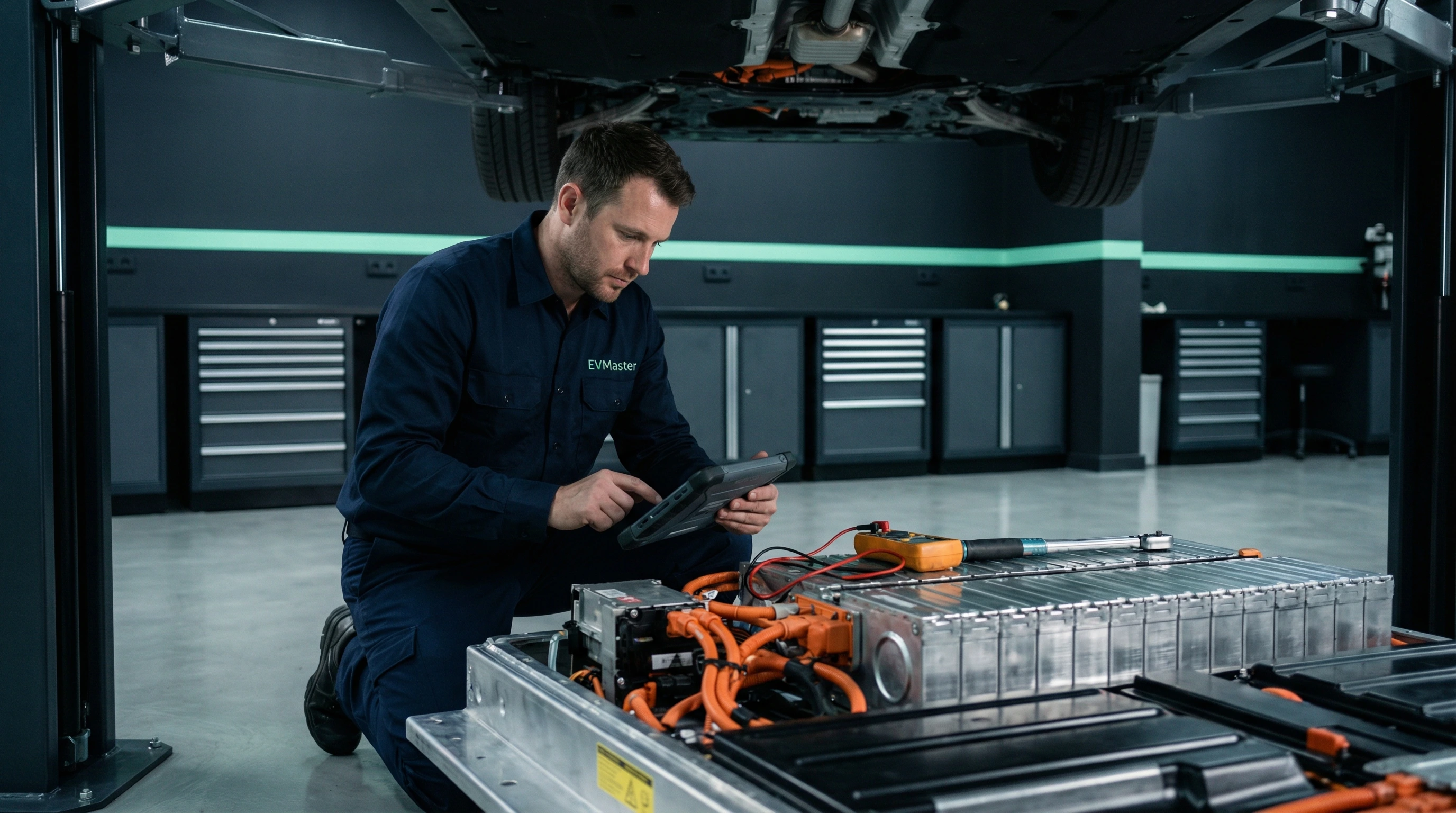 Мастер EVMaster проводит диагностику высоковольтной батареи электромобиля такси на специализированном оборудовании