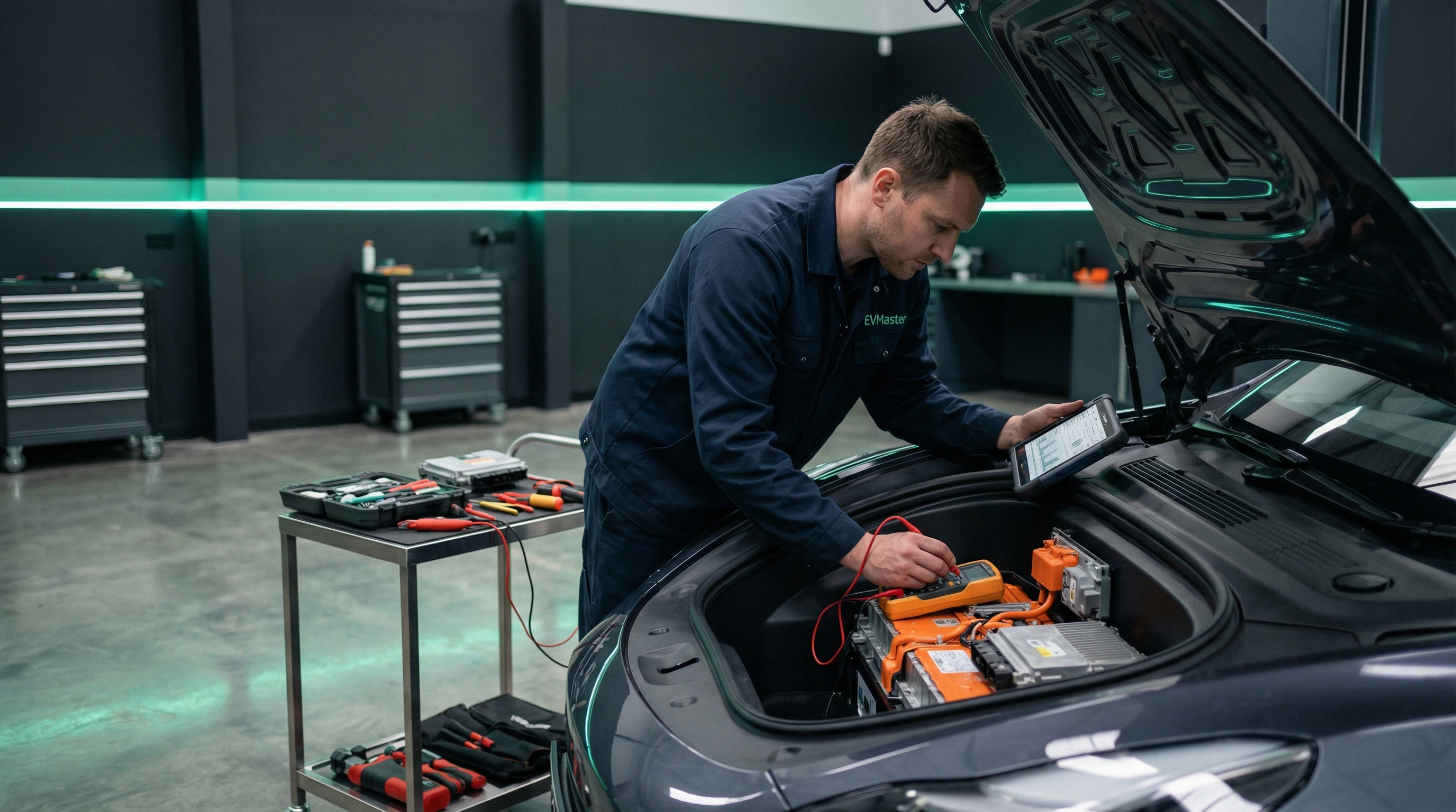 Мастер EVMaster проверяет оригинальность запчастей для китайского электромобиля по маркировке и серийным номерам