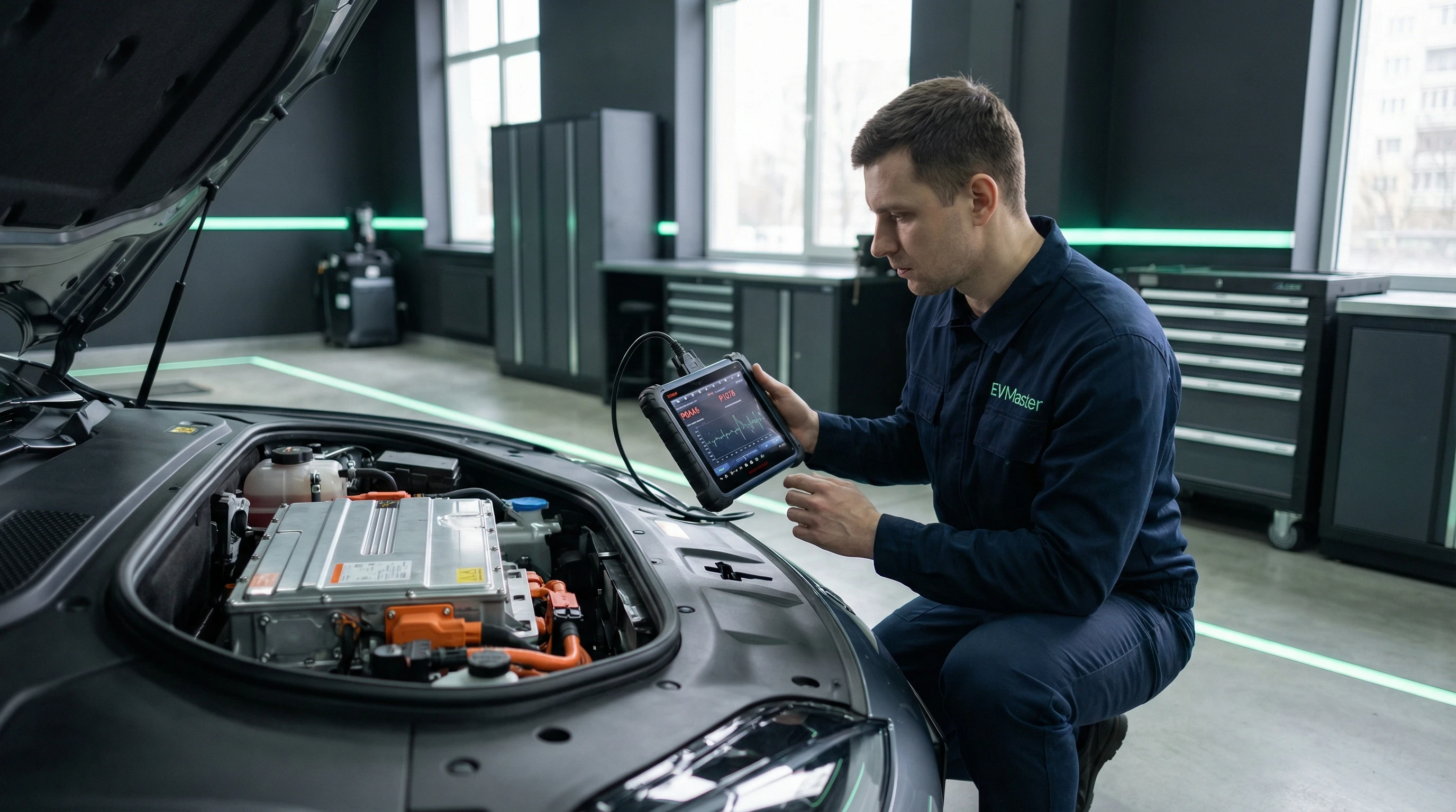 Мастер EVMaster проводит диагностику высоковольтной системы электромобиля в защитных перчатках