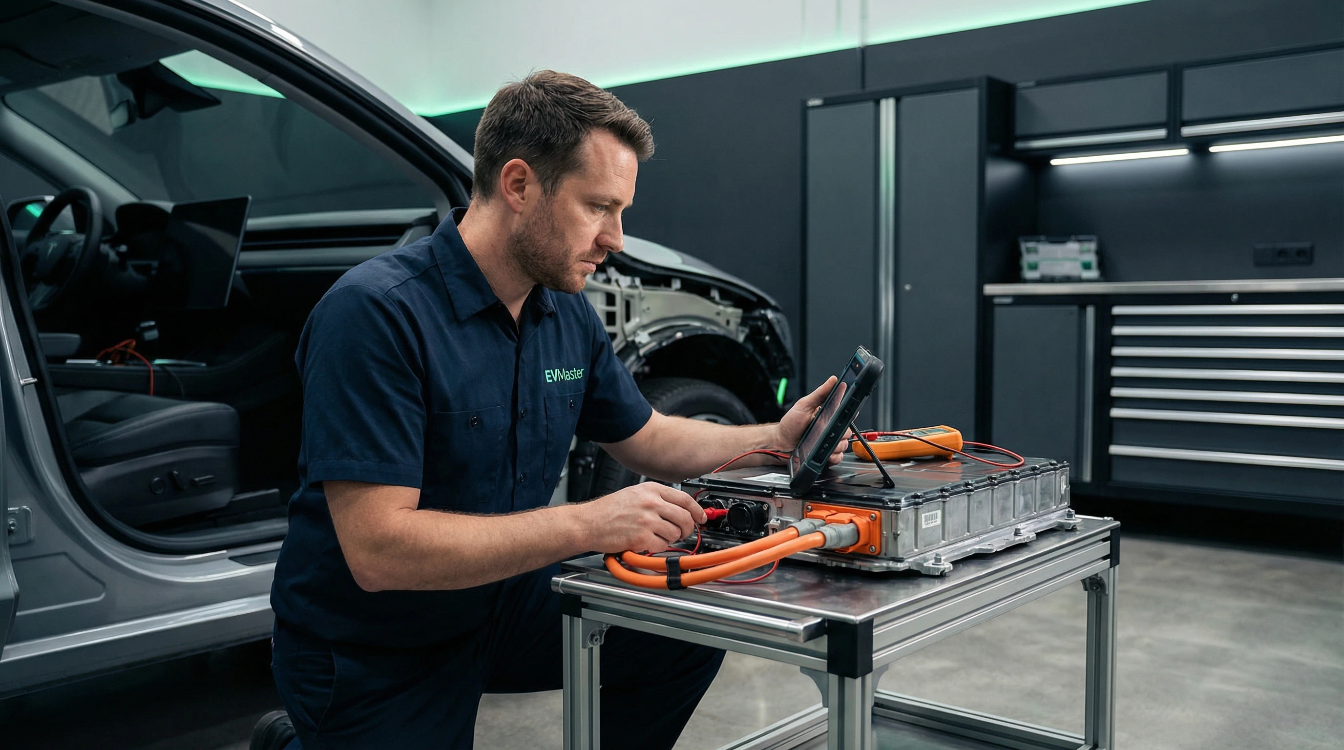 Мастер EVMaster проводит диагностику батареи электромобиля для выявления типичных ошибок эксплуатации