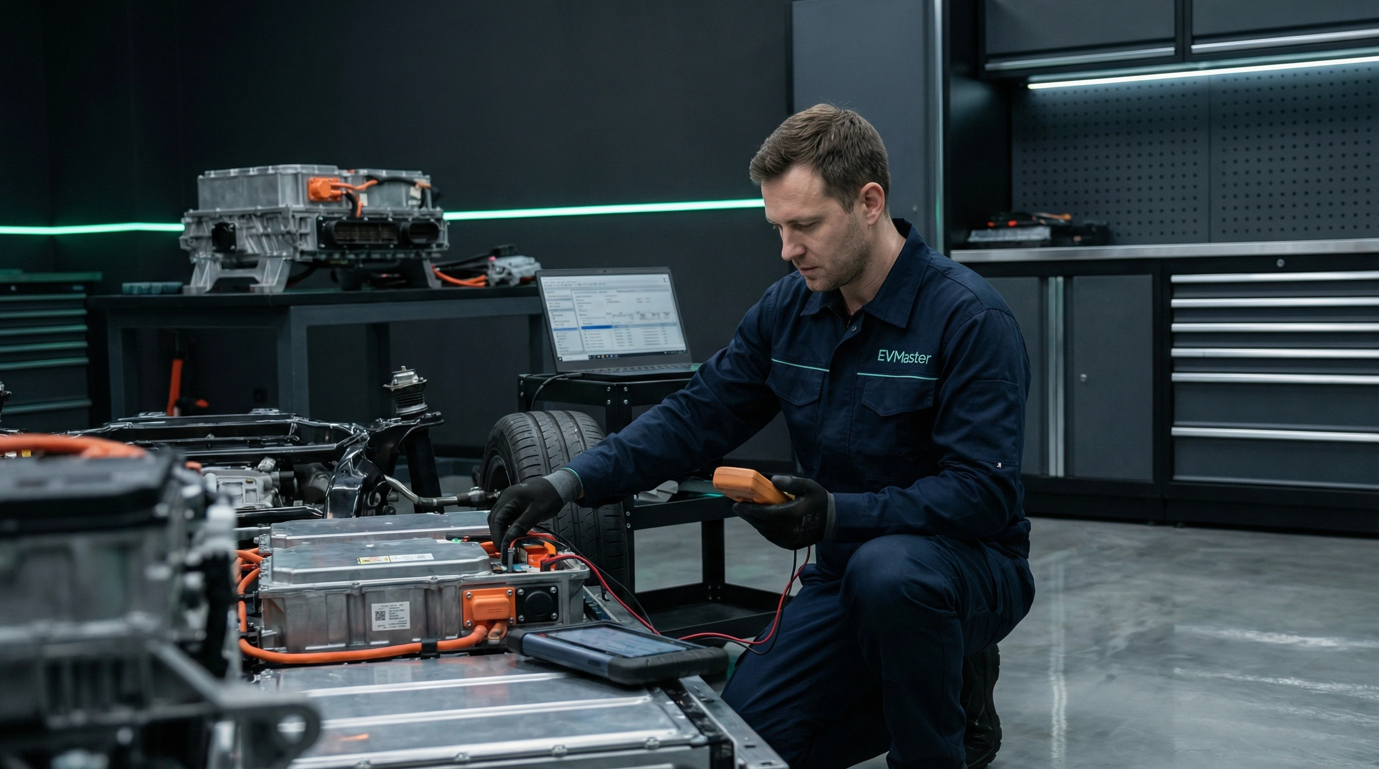 Мастер EVMaster проводит диагностику электромобиля для составления техзаключения страховой компании