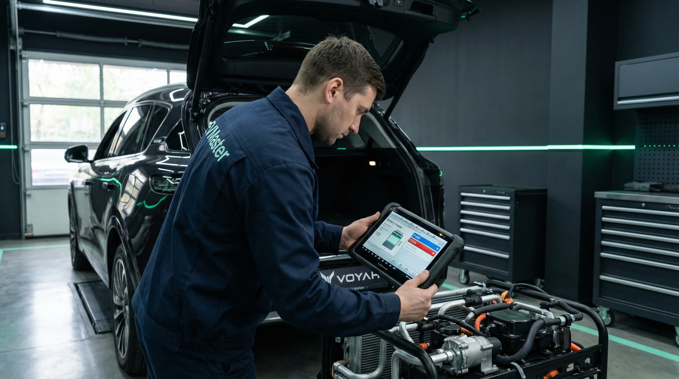 Мастер EVMaster настраивает систему преднагрева батареи электромобиля Voyah в сервисном центре Минска
