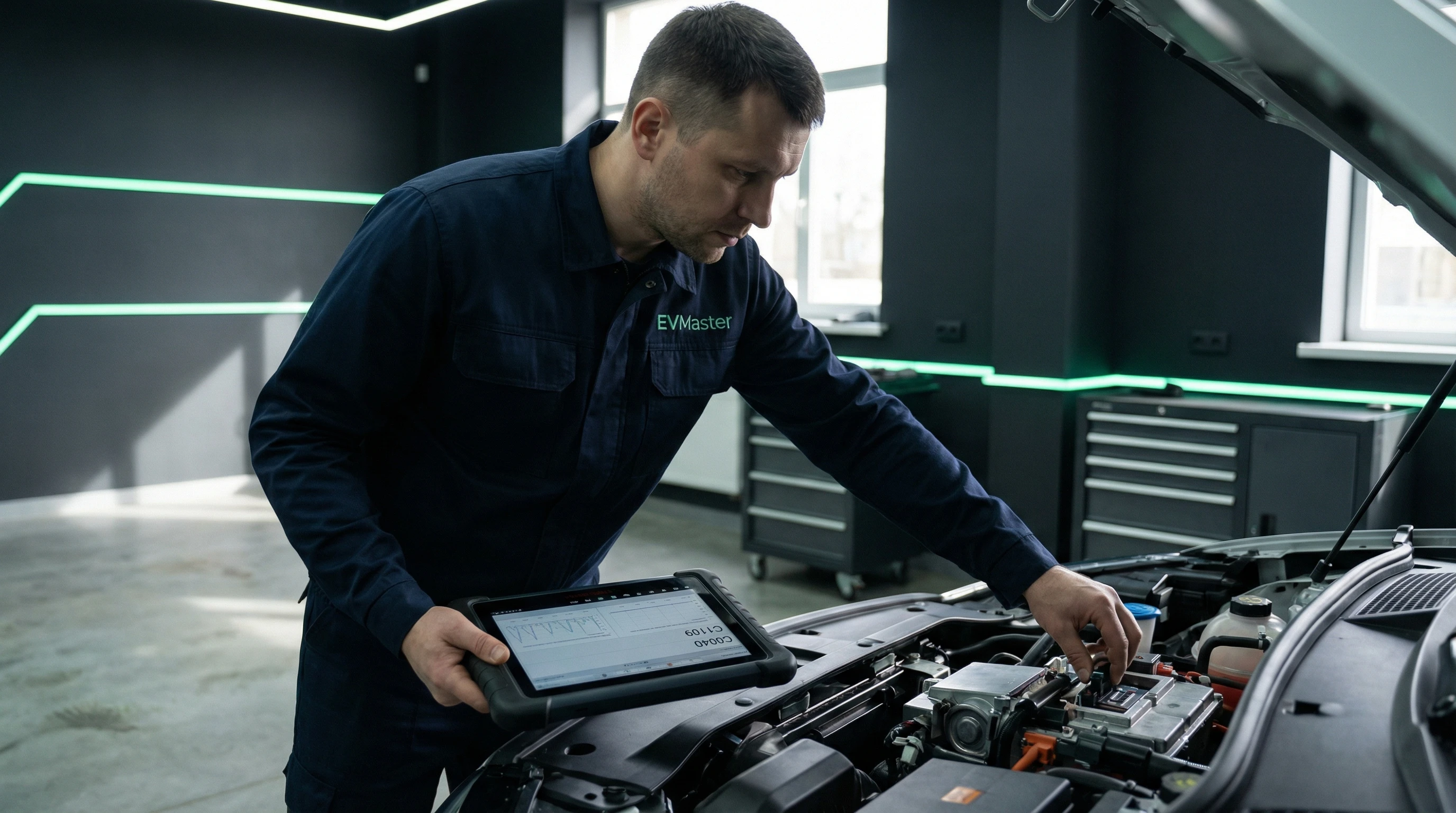 Инженер EVMaster проводит компьютерную диагностику электромобиля на профессиональном оборудовании в Минске