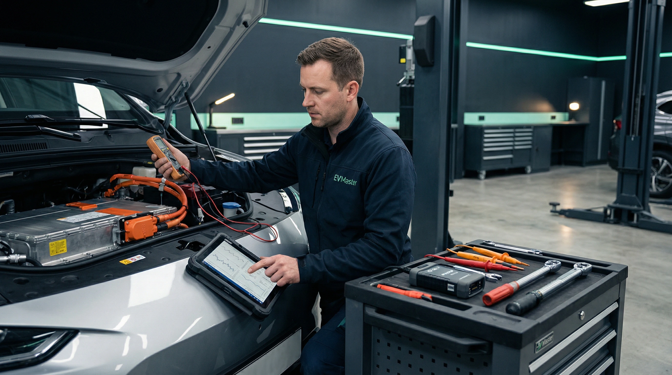 Мастер EVMaster проводит компьютерную диагностику электромобиля в сервисном центре Минска
