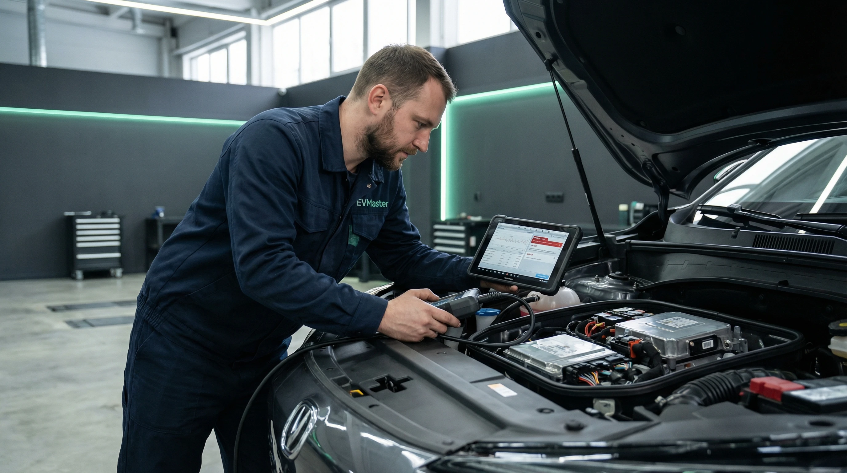 Специалист EVMaster проводит калибровку системы ADAS на электромобиле Changan после кузовного ремонта