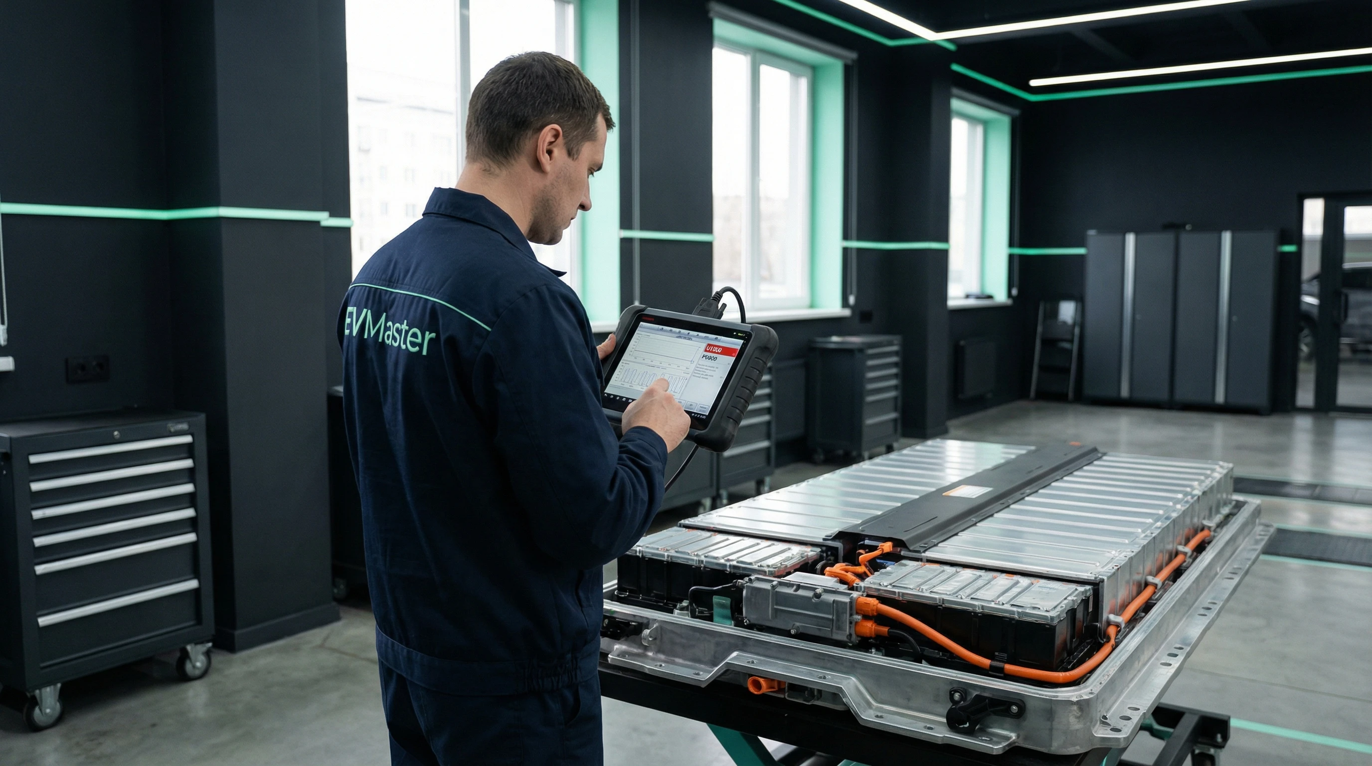 Мастер EVMaster подключает диагностическое оборудование к Blade-батарее электромобиля BYD Han для балансировки ячеек