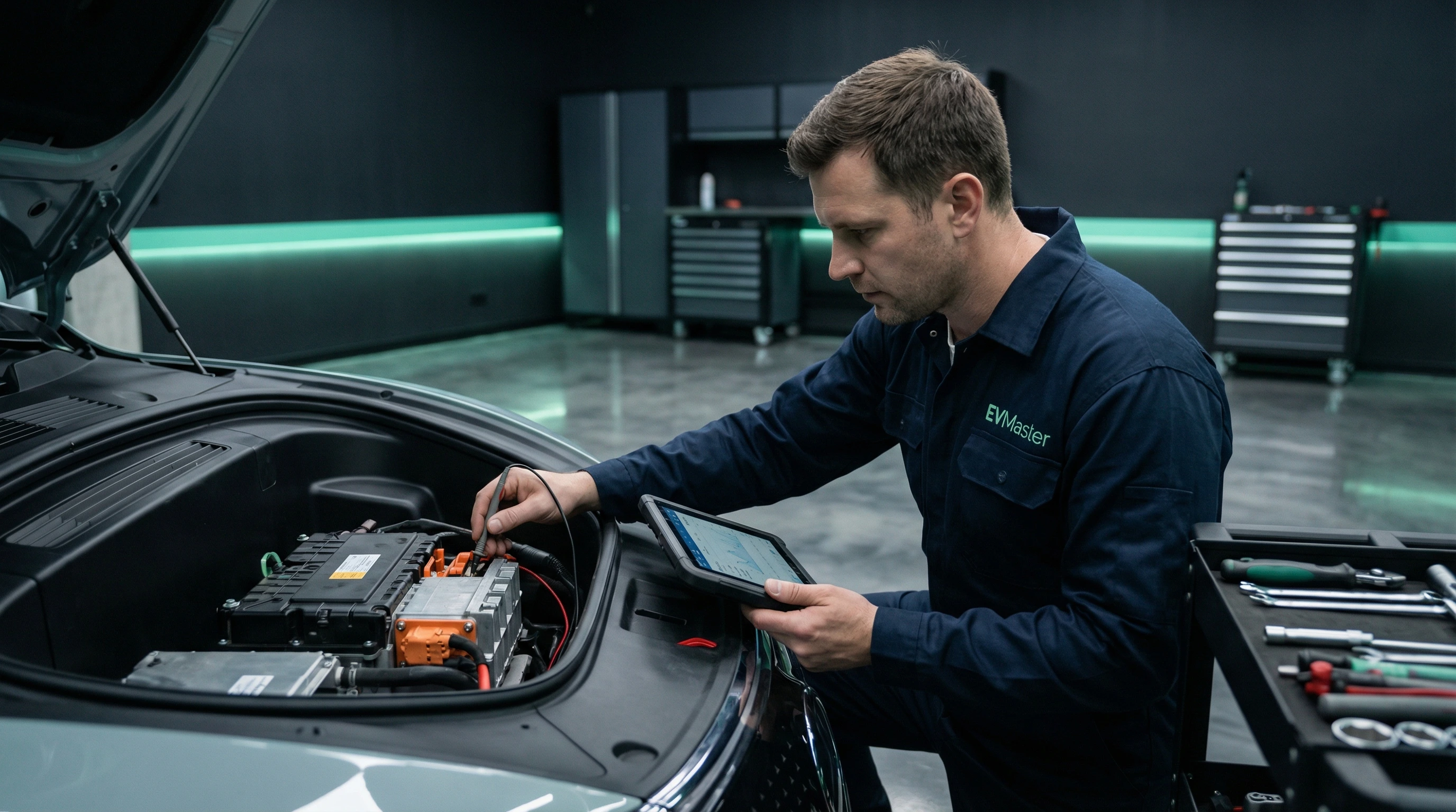 Мастер диагностирует систему климат-контроля электромобиля в сервисе EVMaster для устранения проблем зимней эффективности
