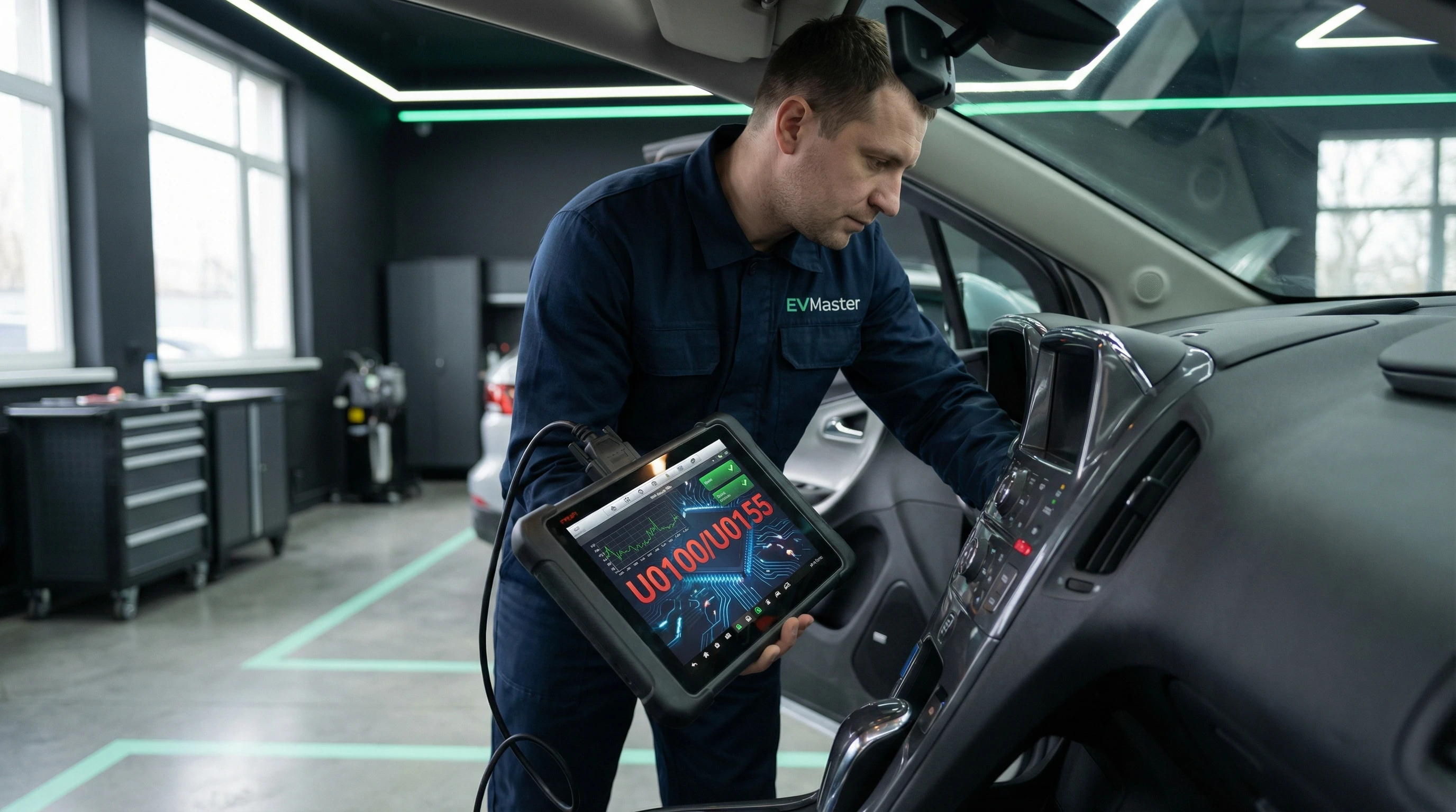Специалист EVMaster подключает диагностическое оборудование к мультимедийной системе Changan для безопасного обновления прошивки