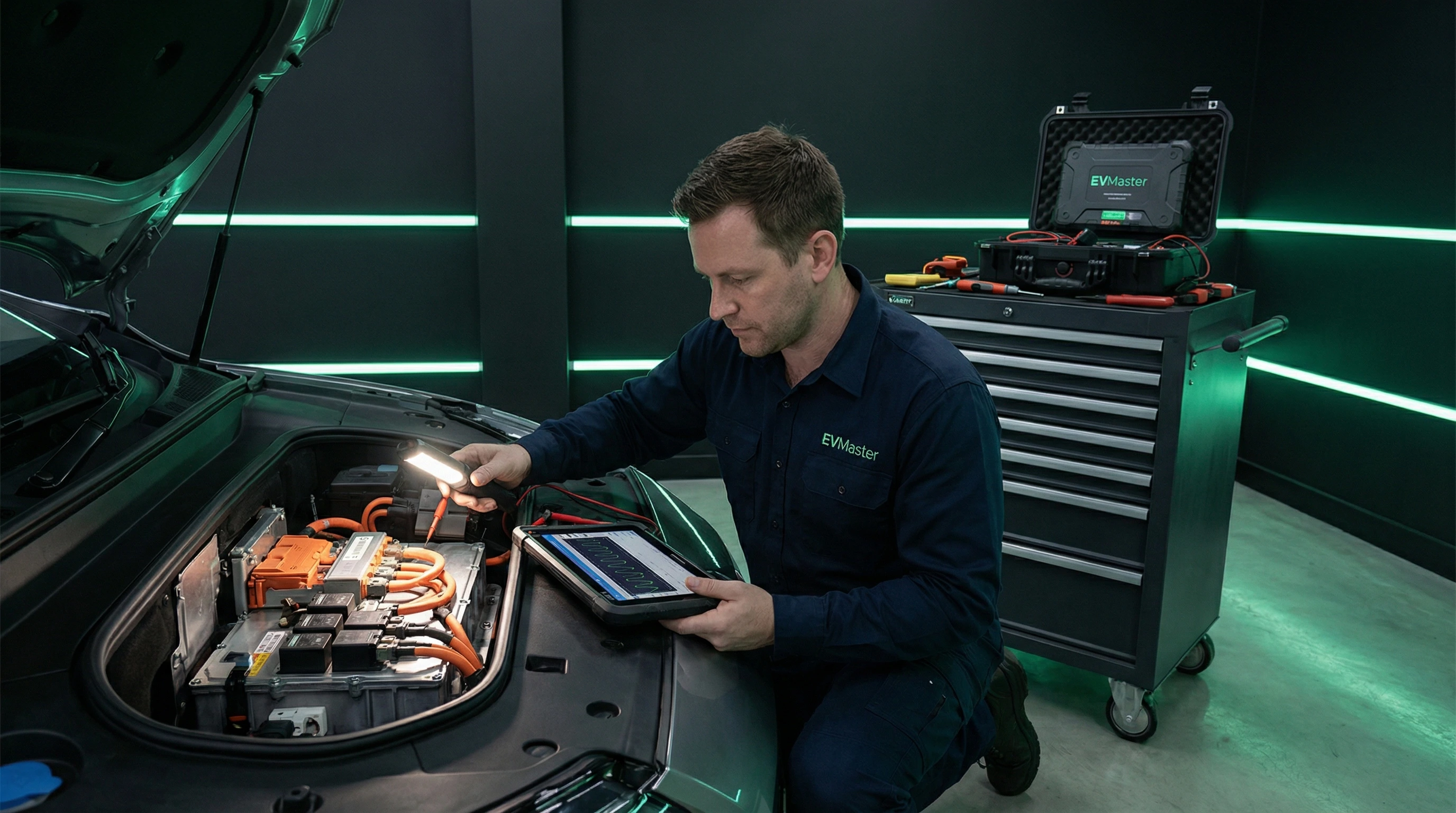 Мастер EVMaster диагностирует высоковольтные контакторы электромобиля в сервисе Минска