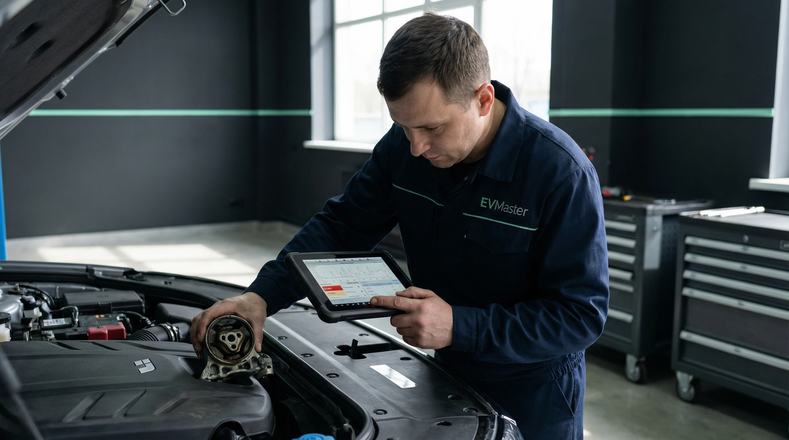 Мастер EVMaster диагностирует состояние гидроопор двигателя электромобиля Li Auto в сервисе Минска