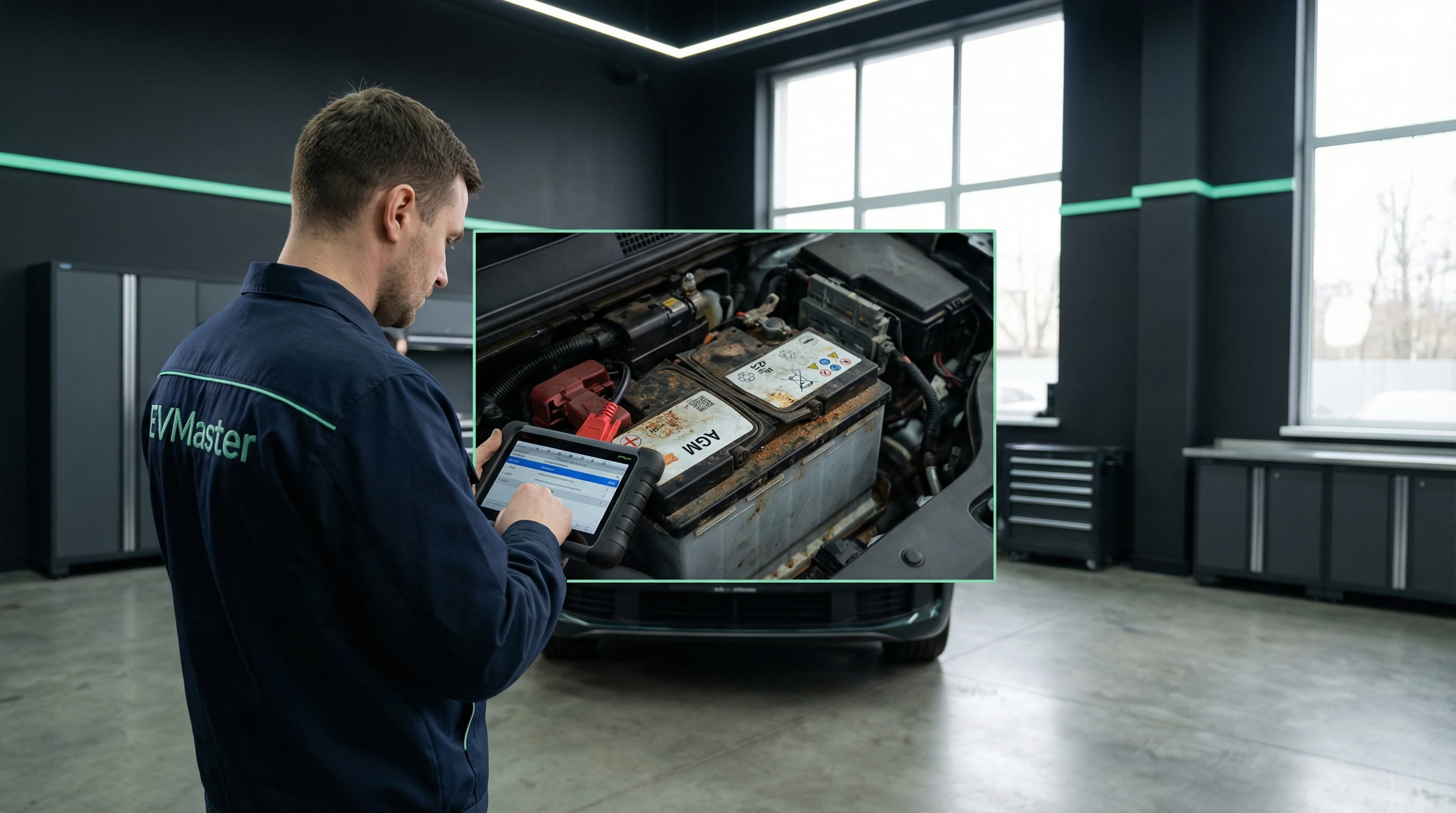Мастер EVMaster диагностирует состояние AGM аккумулятора на электромобиле Li Auto в Минске