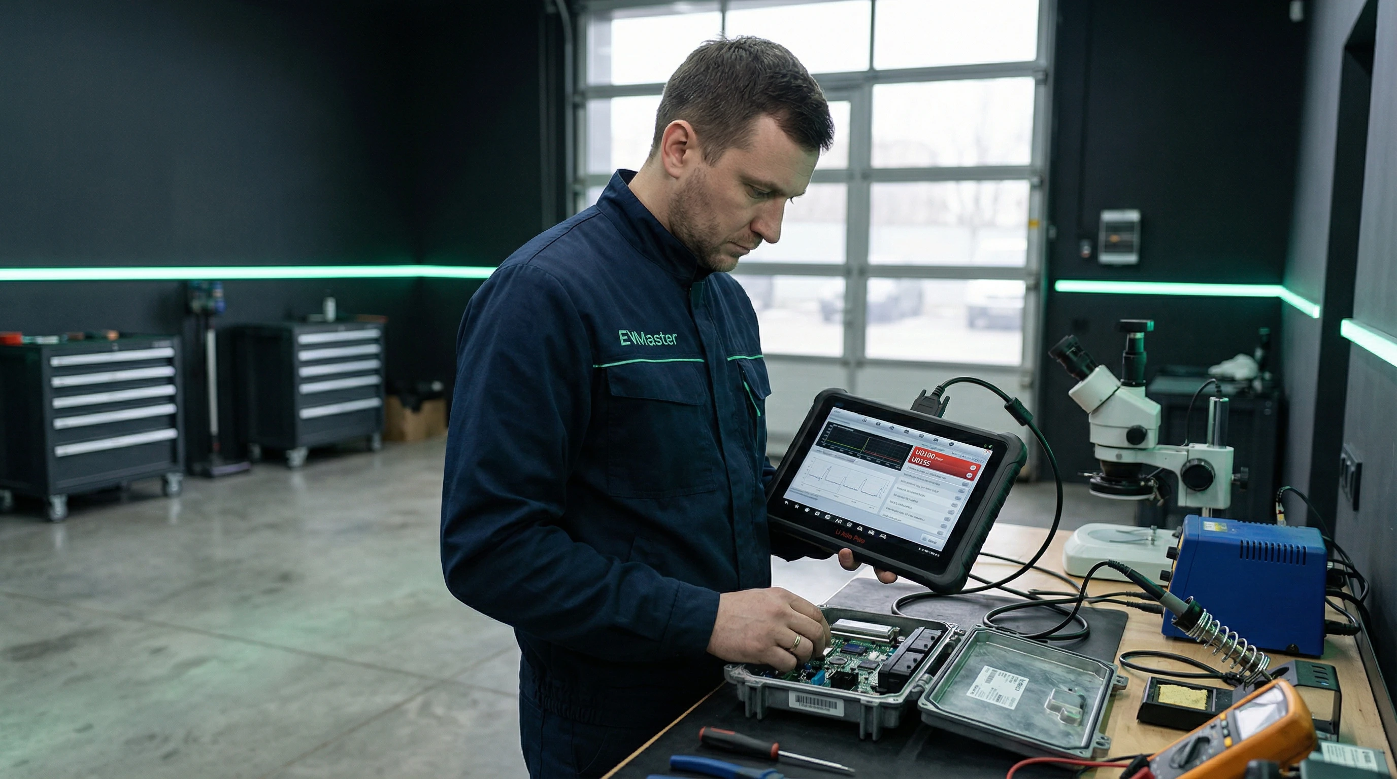 Мастер EVMaster выполняет микропайку платы телематического блока электромобиля Li Auto в Минске
