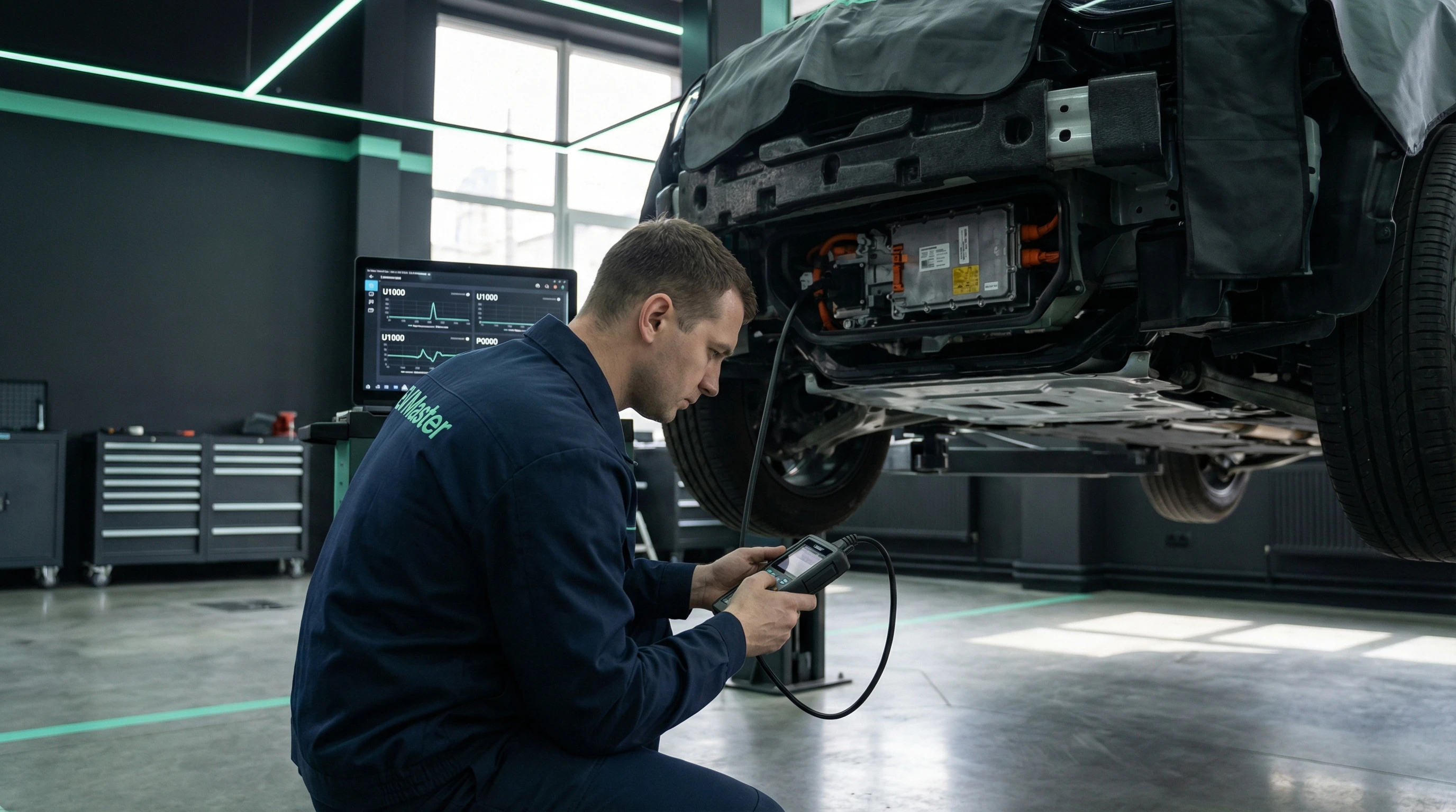 Мастер EVMaster наносит антикоррозийное покрытие на днище электромобиля с защитой высоковольтной системы