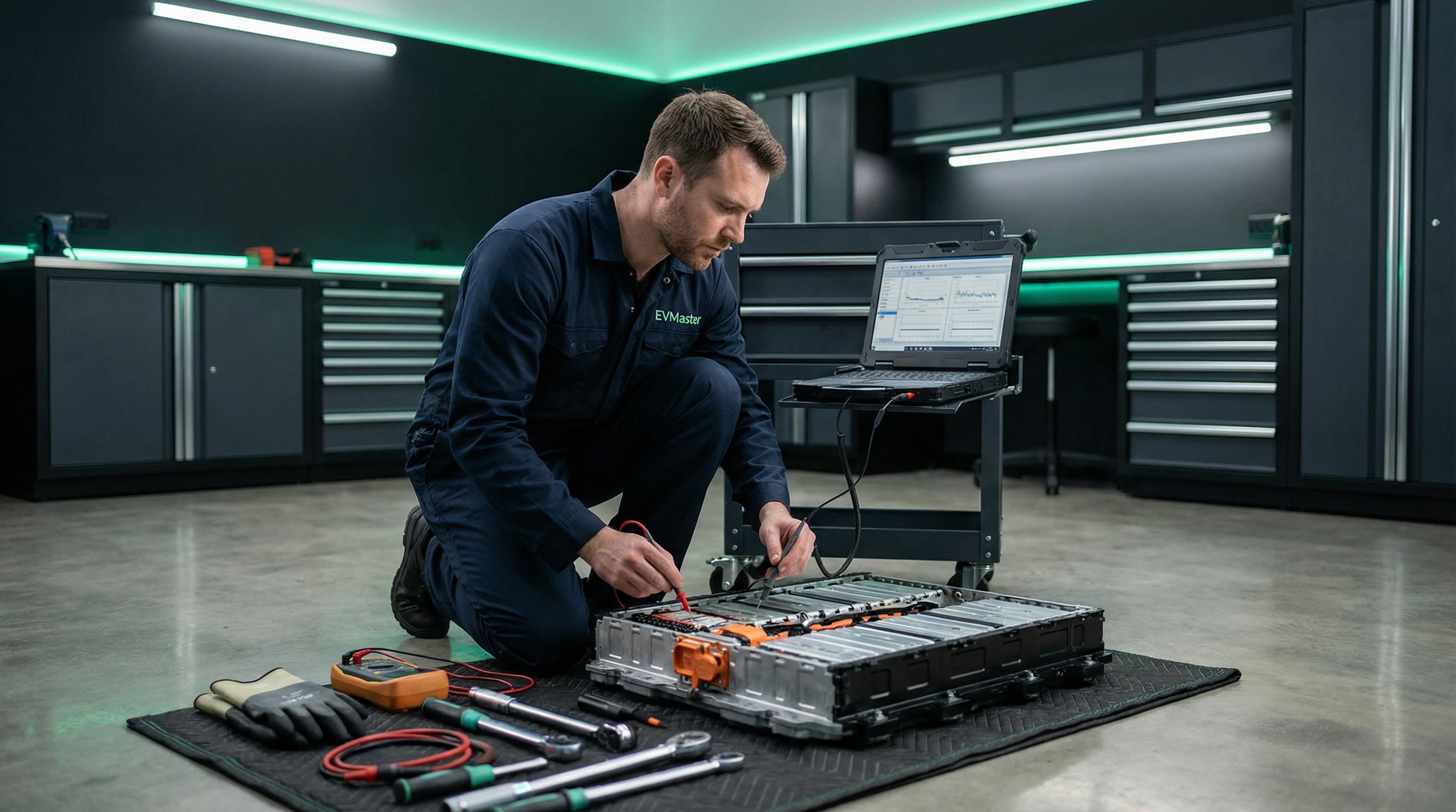 Специалист EVMaster анализирует отчет высоковольтной батареи электромобиля на диагностическом оборудовании в Минске