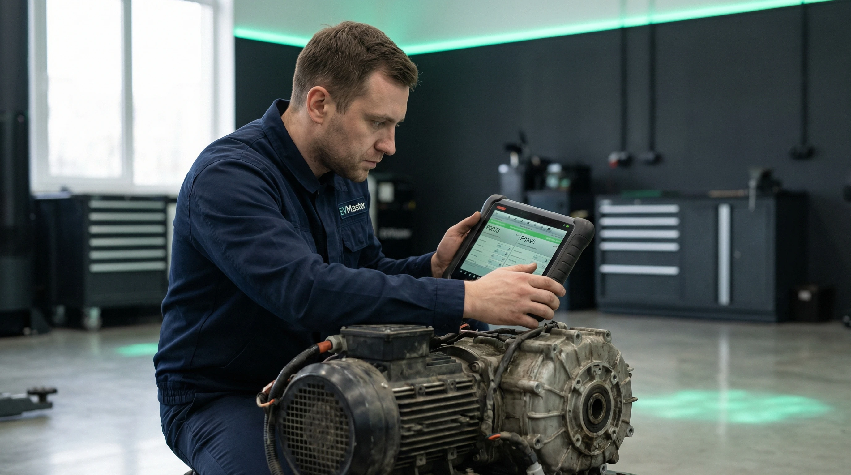 Мастер EVMaster диагностирует источник шума в электромобиле на подъёмнике в Минске