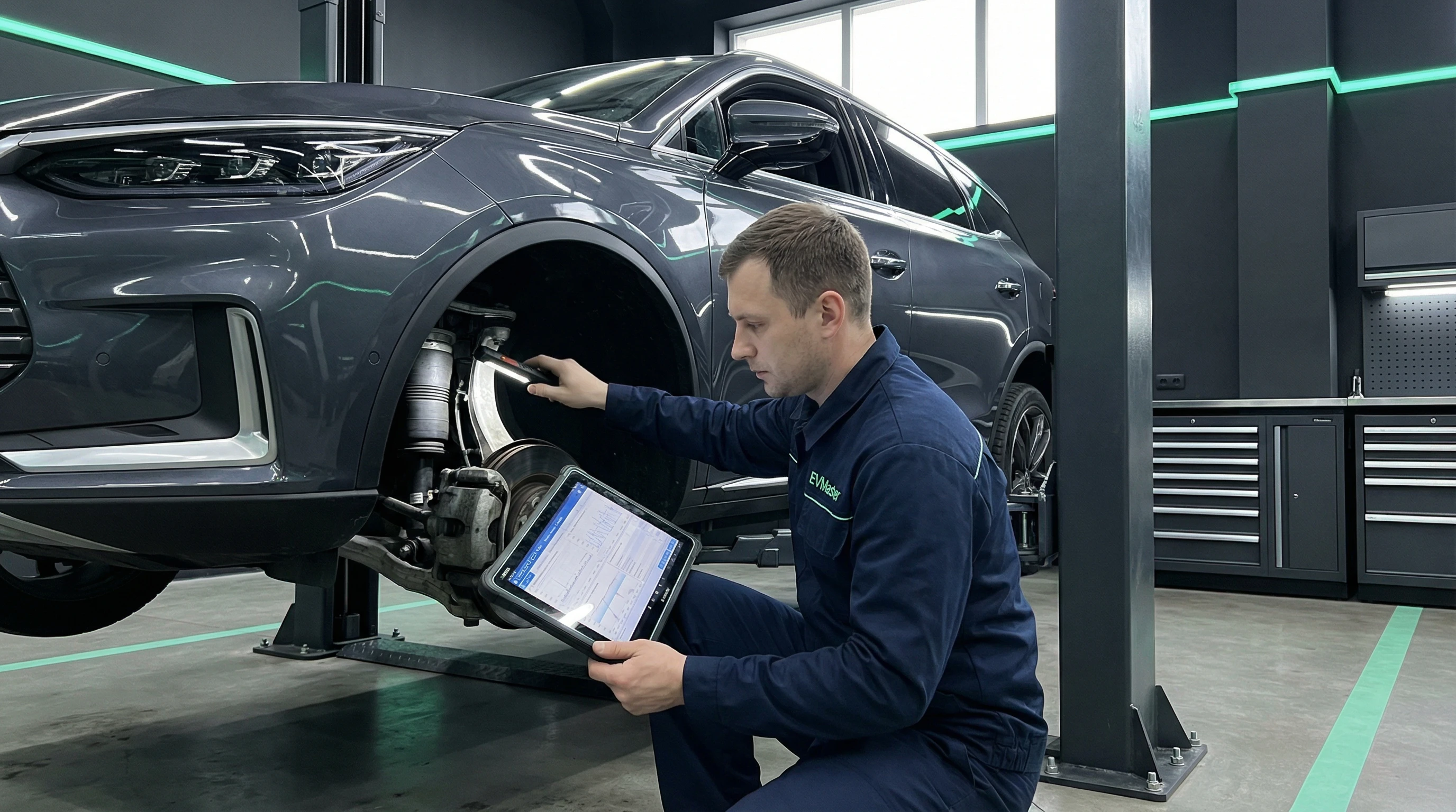 Мастер EVMaster диагностирует стуки в подвеске электромобиля BYD Tang на подъёмнике в Минске
