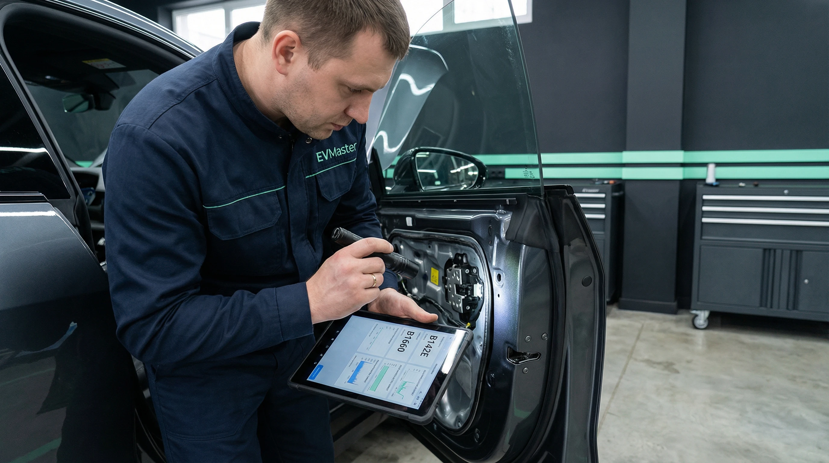 Мастер EVMaster проверяет уровень и состояние антифриза в системе охлаждения электромобиля