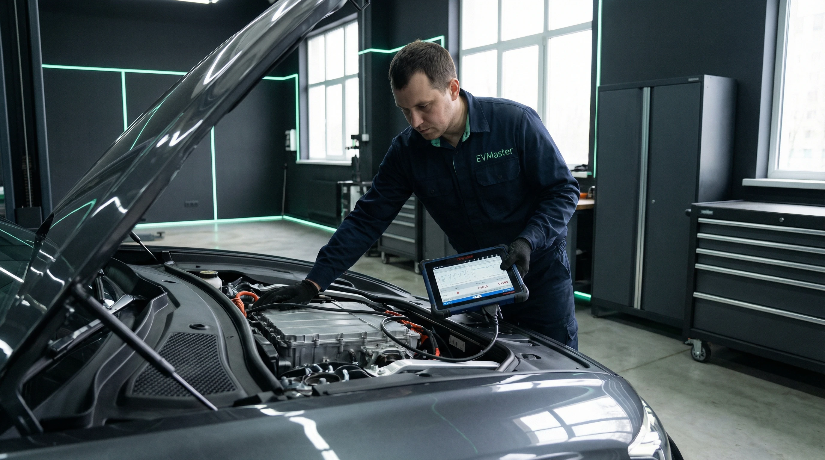 Мастер EVMaster проверяет маркировку индекса нагрузки XL на шинах тяжелого электромобиля в сервисе Минск