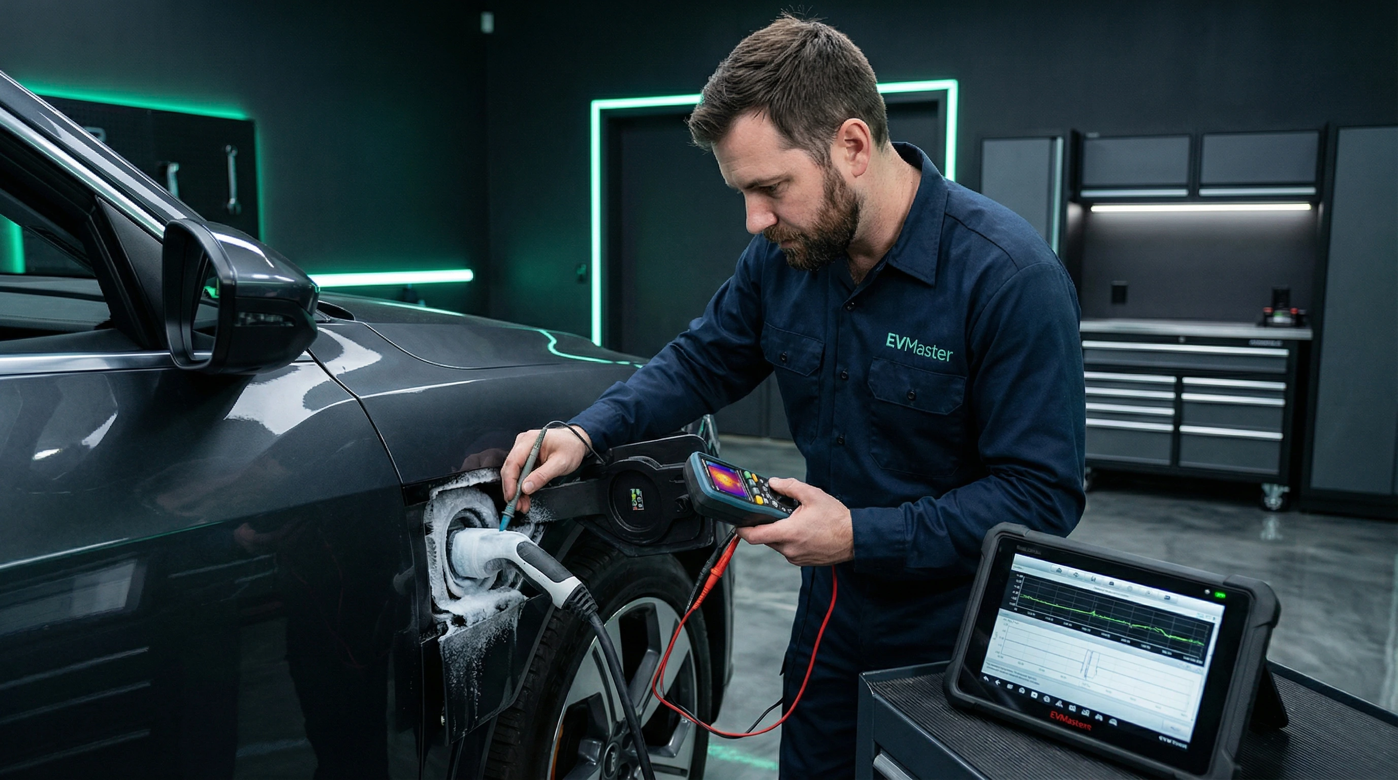 Мастер EVMaster осматривает зарядный порт электромобиля на наличие влаги и коррозии зимой