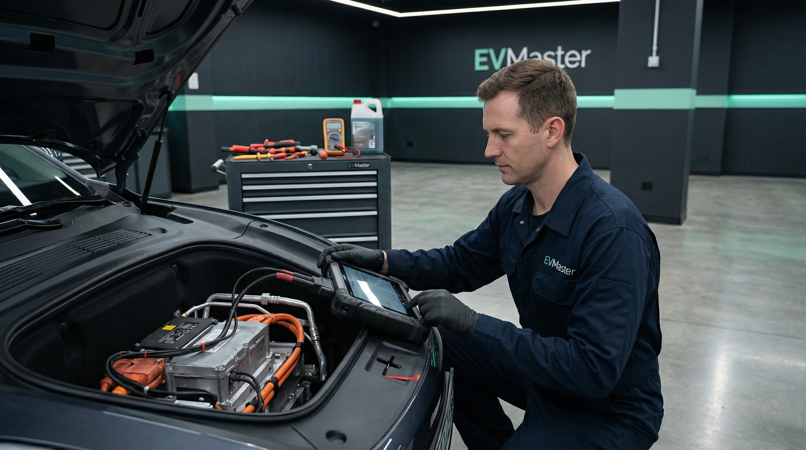 Мастер EVMaster проверяет состояние аккумулятора электромобиля перед зимним сезоном в Минске