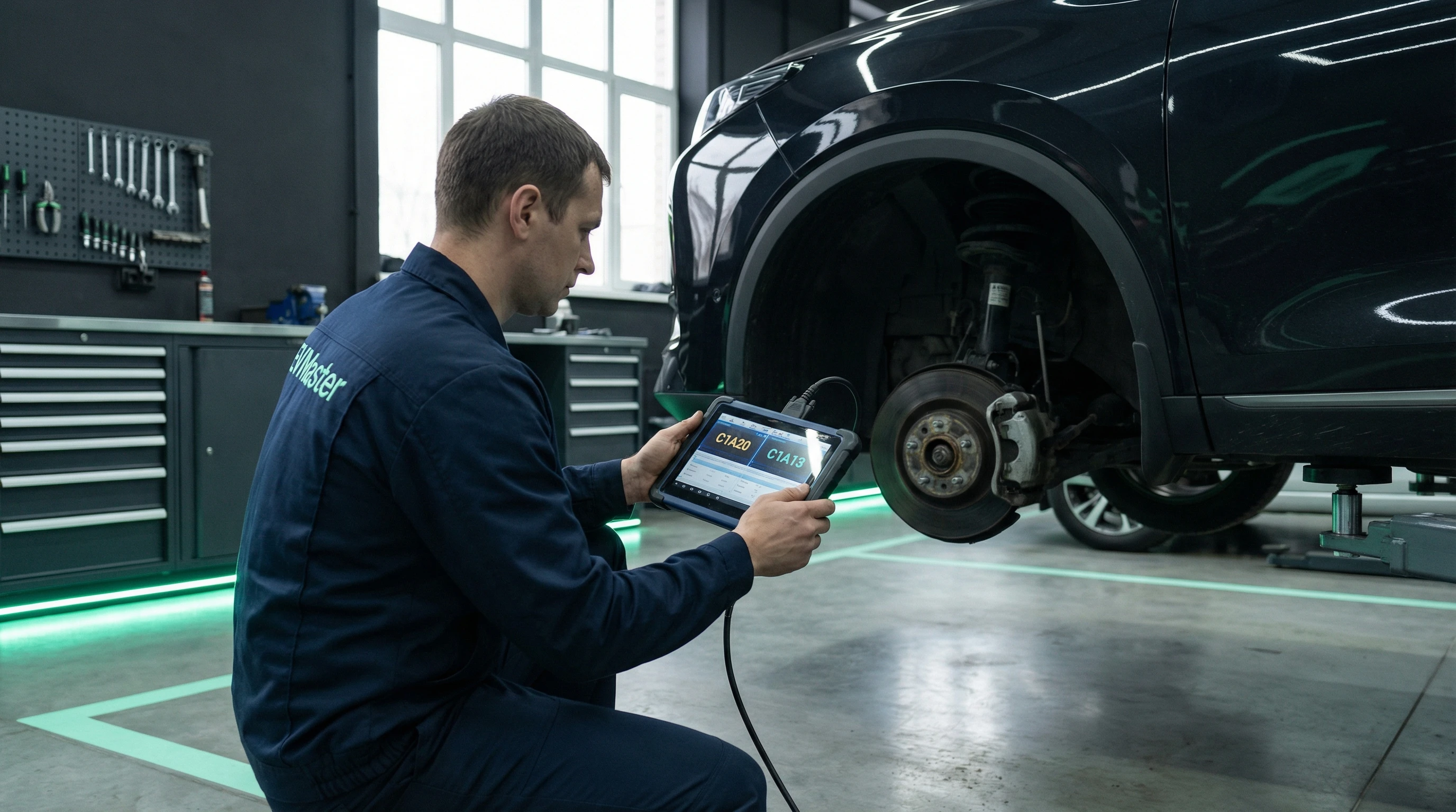 Мастер EVMaster диагностирует подвеску электромобиля Changan после эксплуатации на разбитых дорогах Беларуси