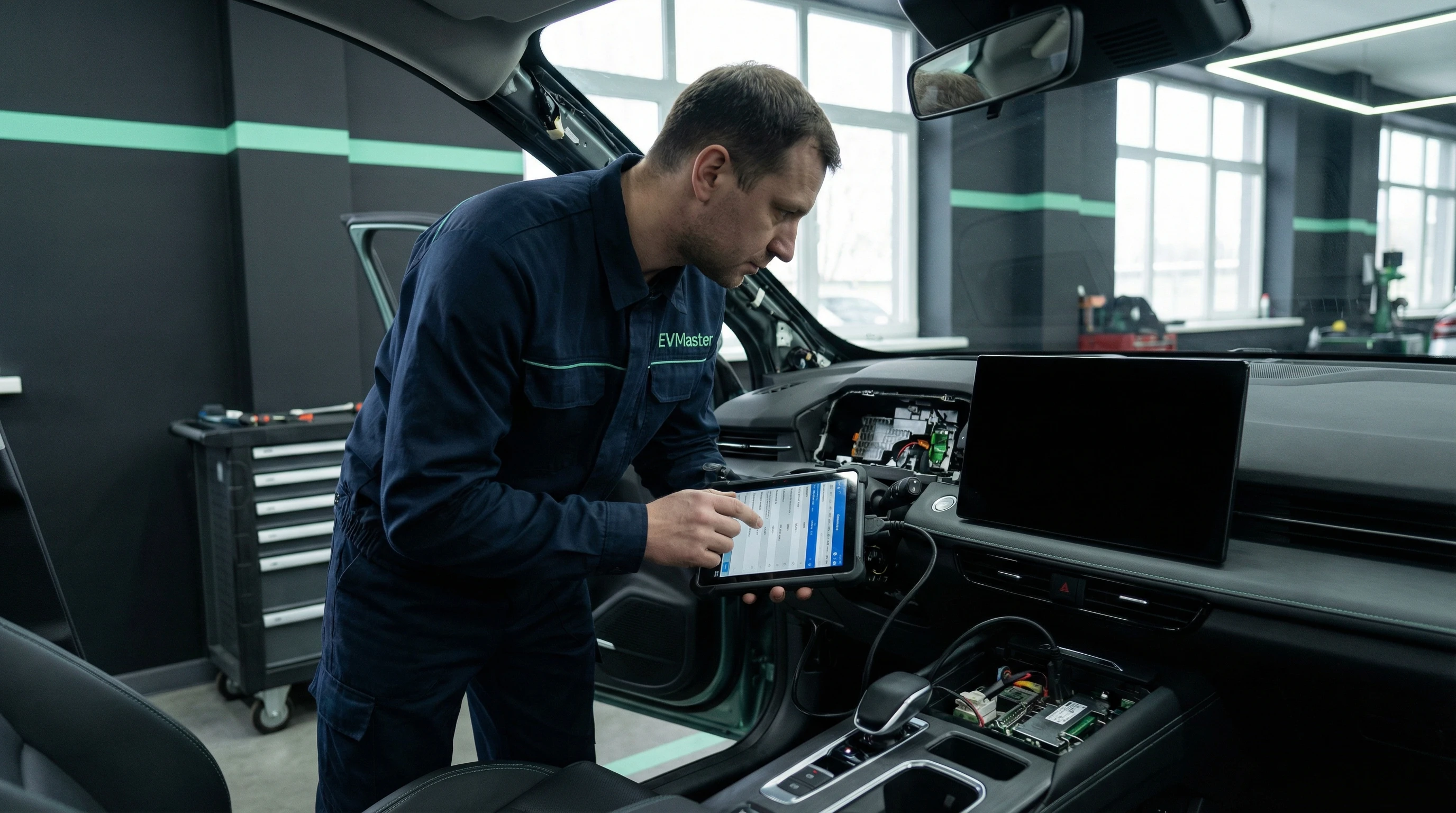 Мастер EVMaster диагностирует черный экран мультимедийной системы электромобиля Changan Deepal в сервисном центре Минска