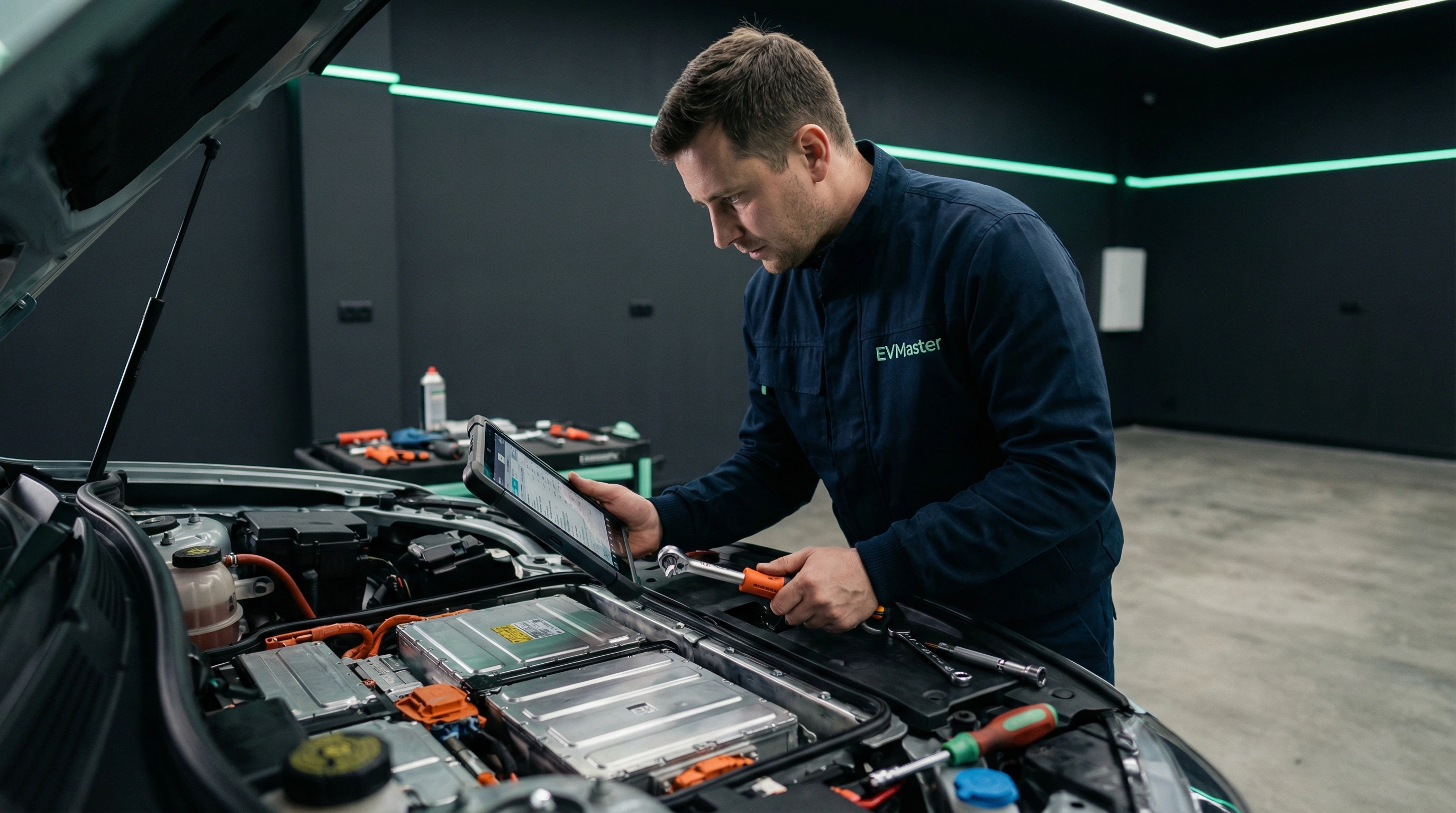 Мастер EVMaster проводит диагностику электромобиля и консультирует по выбору между гарантией дилера и профильным сервисом