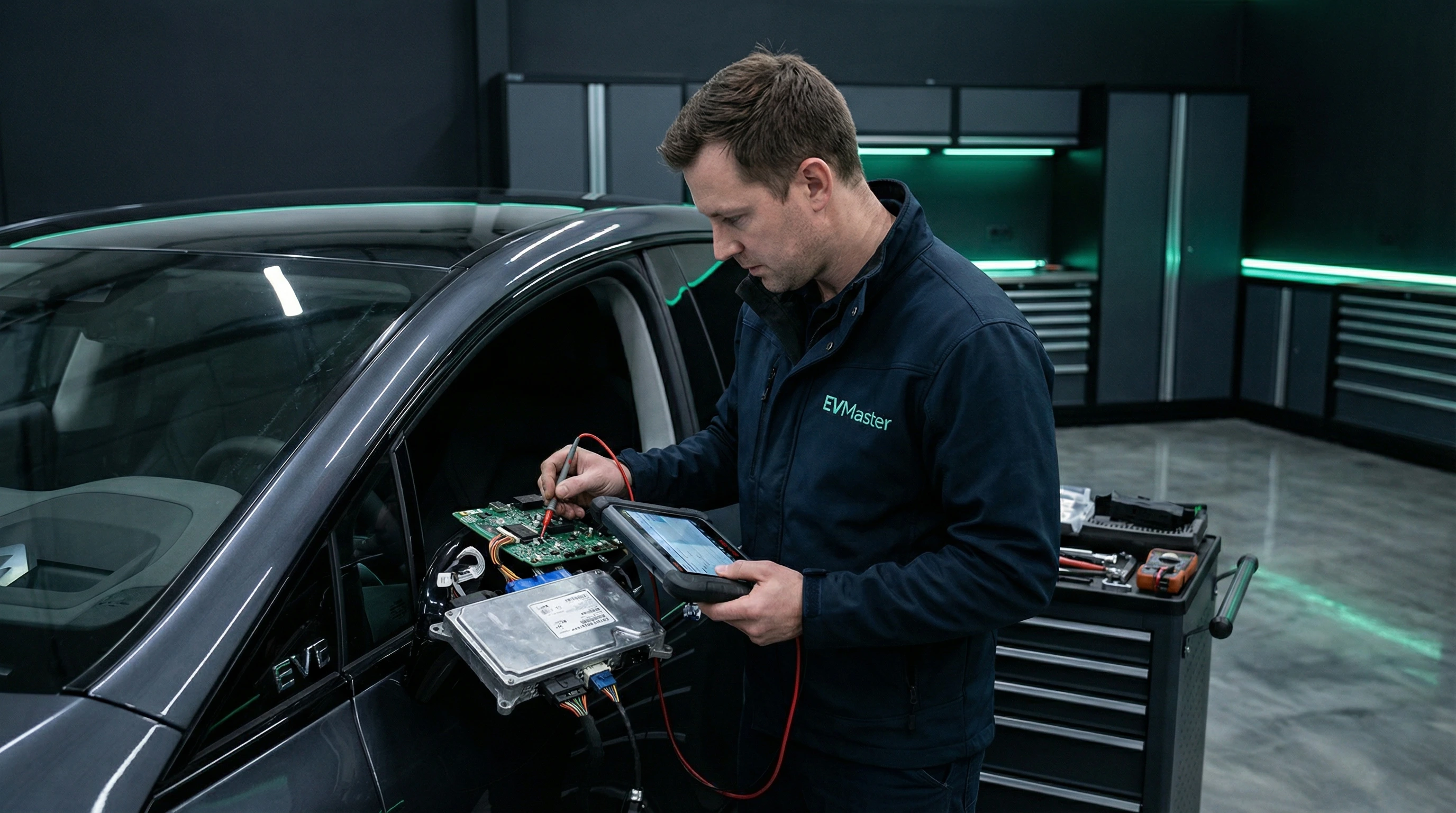 Мастер EVMaster диагностирует систему телематики электромобиля с помощью специального оборудования в Минске