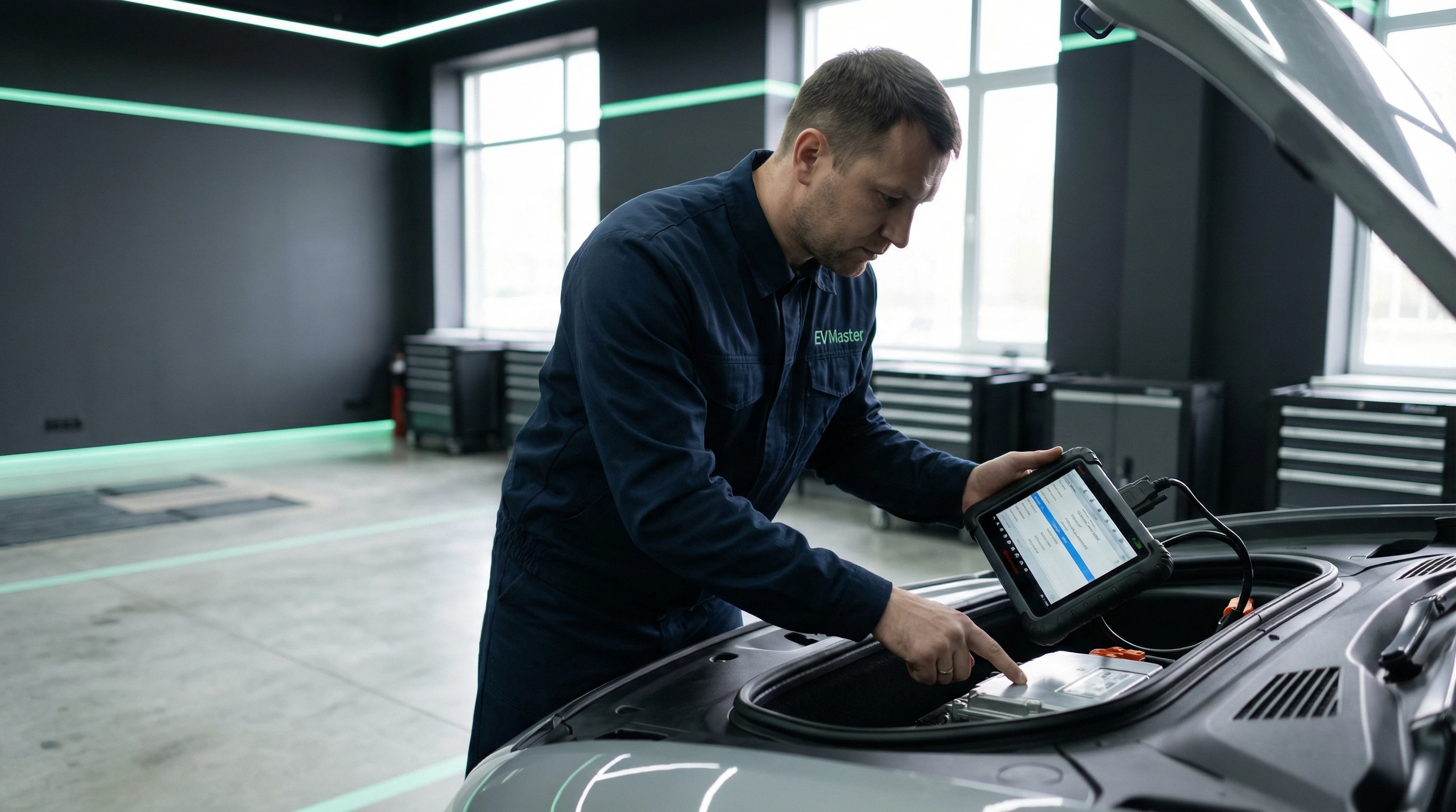 Мастер EVMaster проводит компьютерную диагностику программного обеспечения электромобиля Changan в сервисном центре Минска