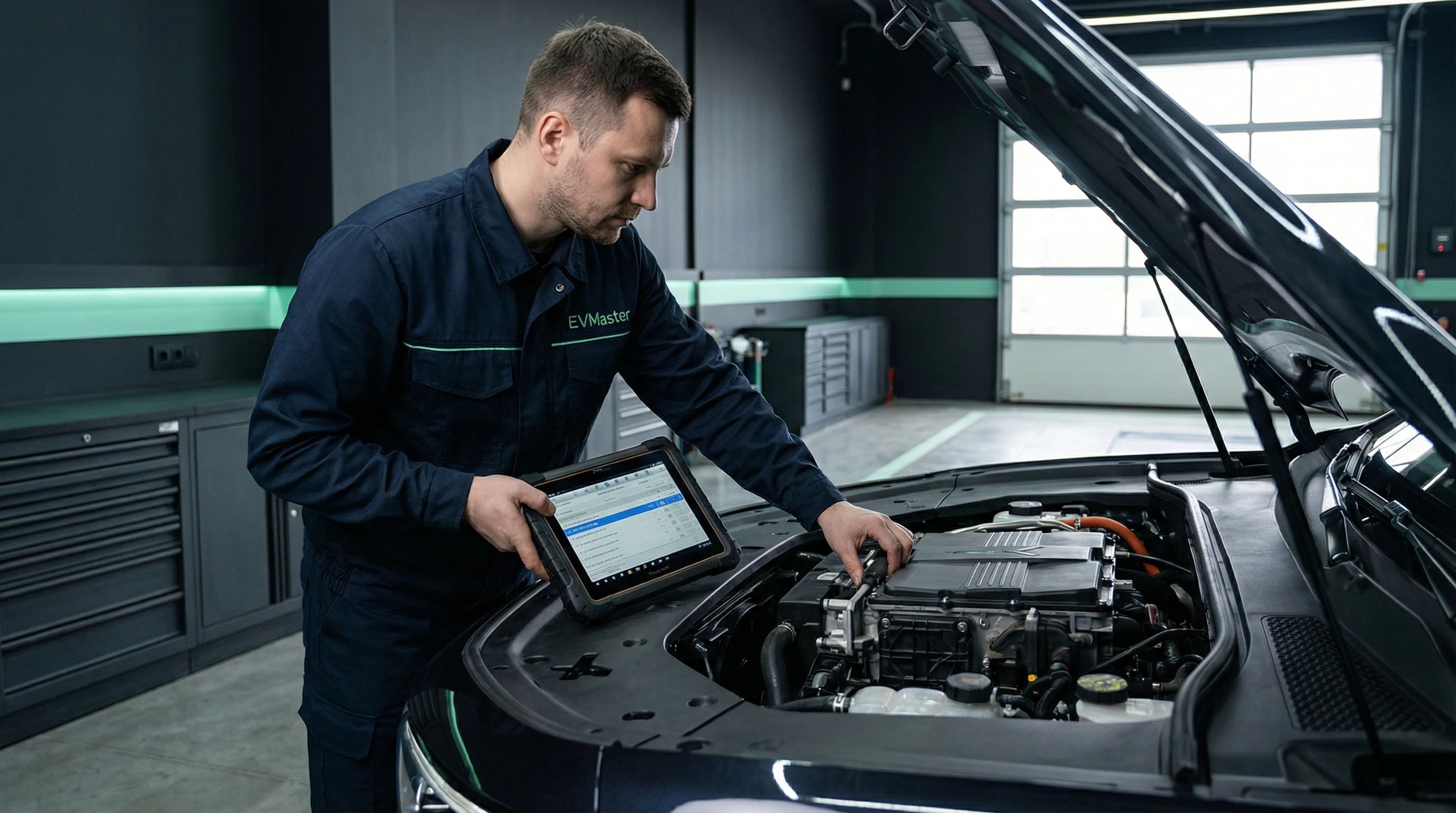 Специалист EVMaster проводит компьютерную диагностику теплового насоса электромобиля Voyah в сервисном центре Минска