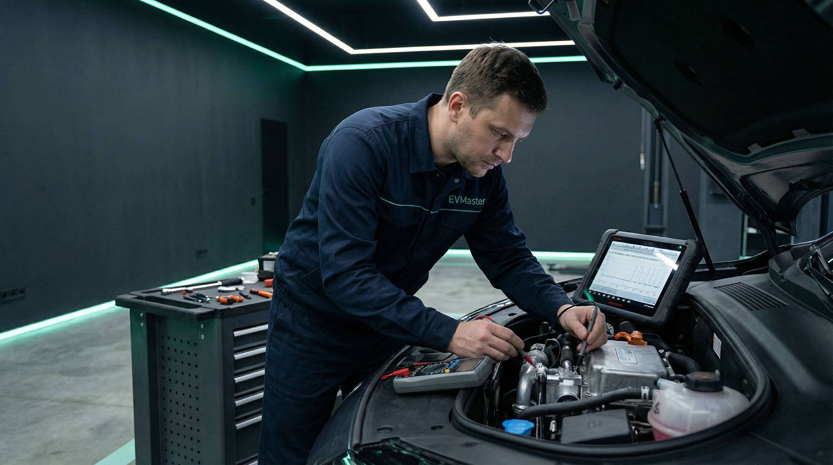 Мастер EVMaster проверяет проводимость охлаждающей жидкости в системе охлаждения электромобиля специальным тестером