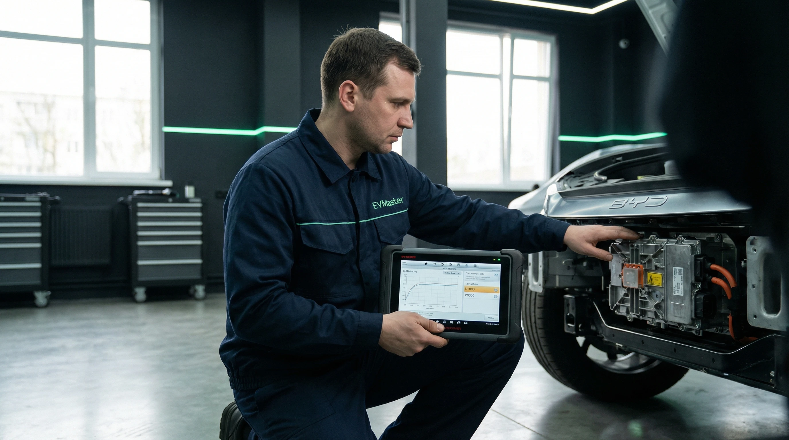Мастер EVMaster проводит диагностику разбалансировки ячеек батареи BYD Blade на специализированном оборудовании