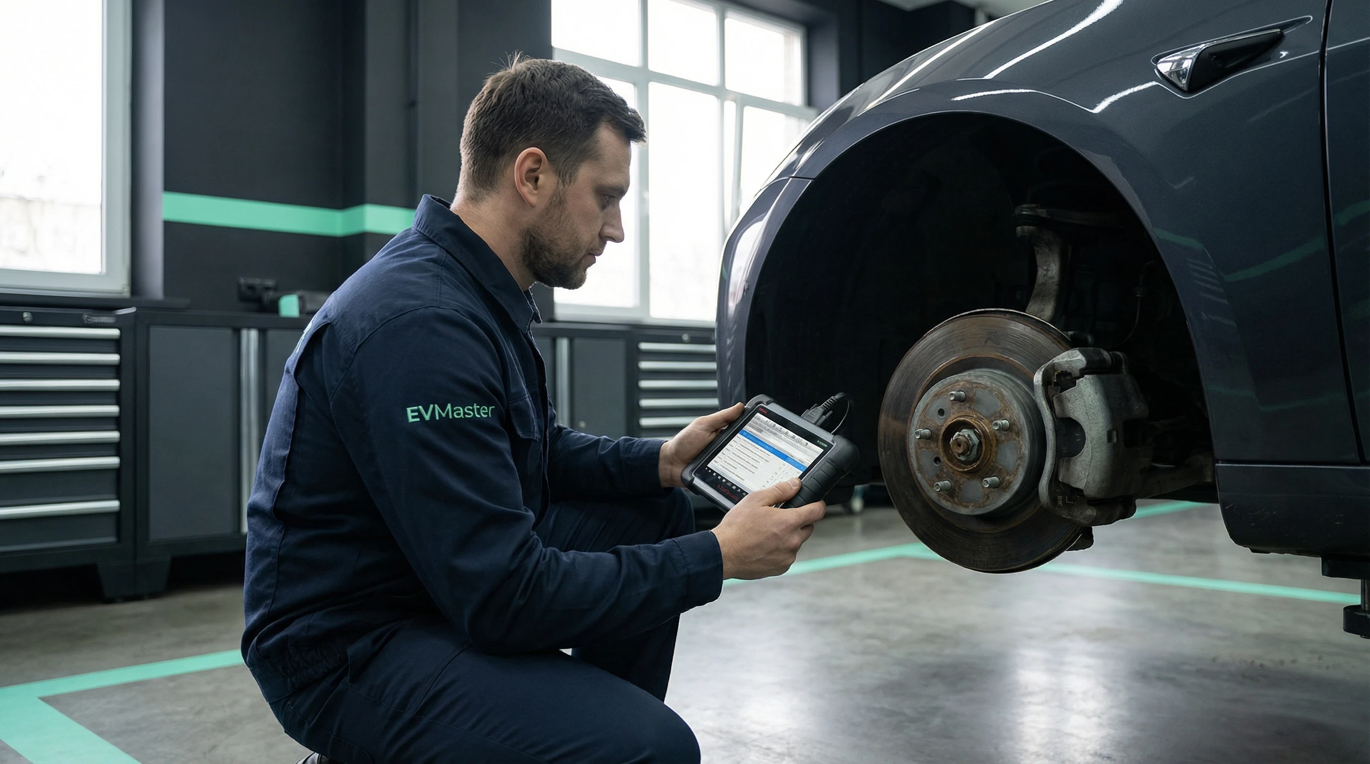 Мастер EVMaster осматривает тормозные диски электромобиля на предмет закисания при редком использовании