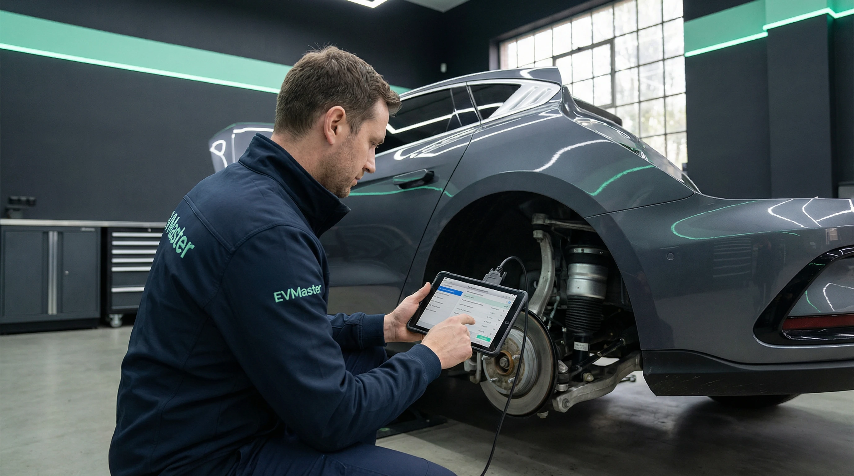 Мастер EVMaster диагностирует состояние сайлентблоков подвески электромобиля BYD Han на подъёмнике