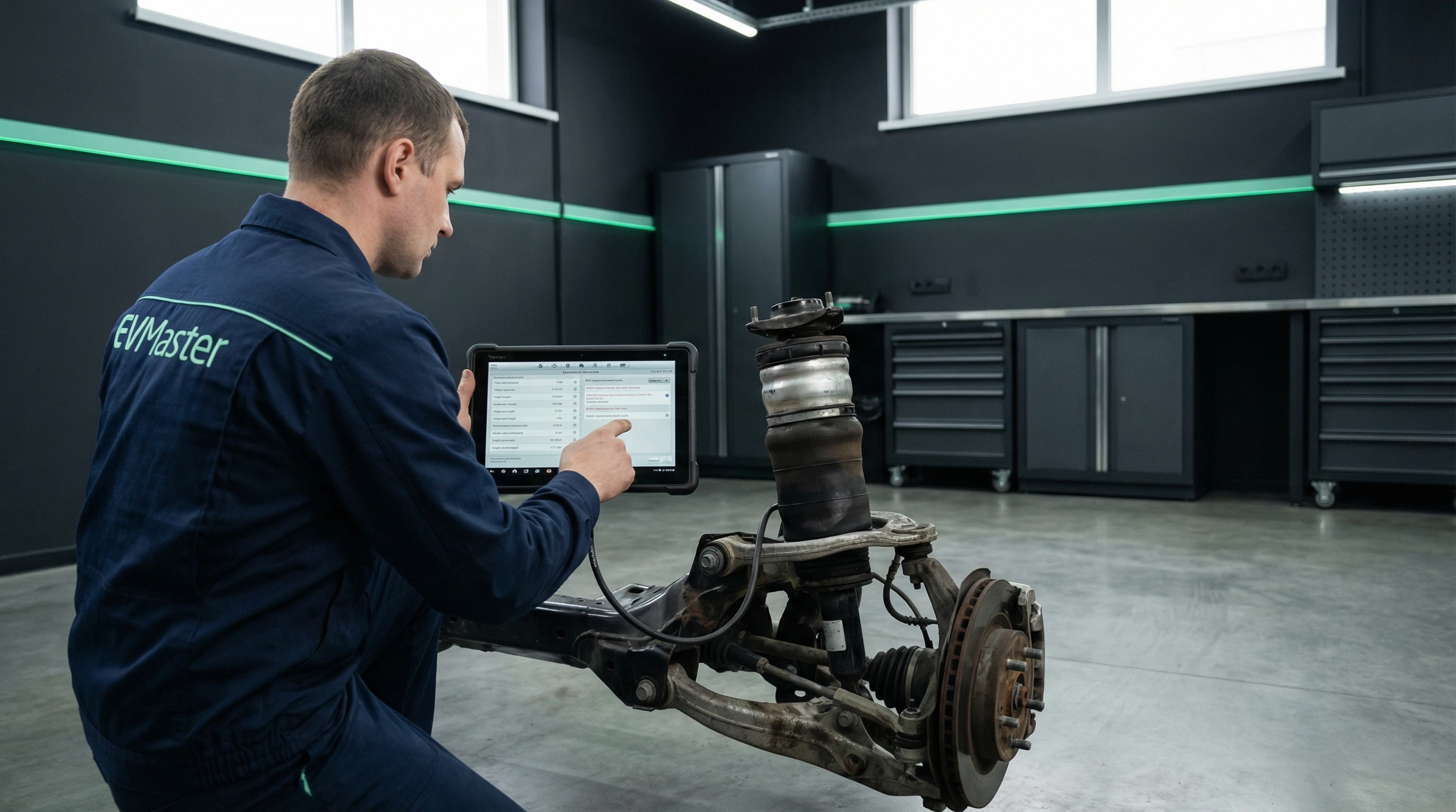 Мастер EVMaster диагностирует подвеску электромобиля Voyah на подъёмнике в Минске