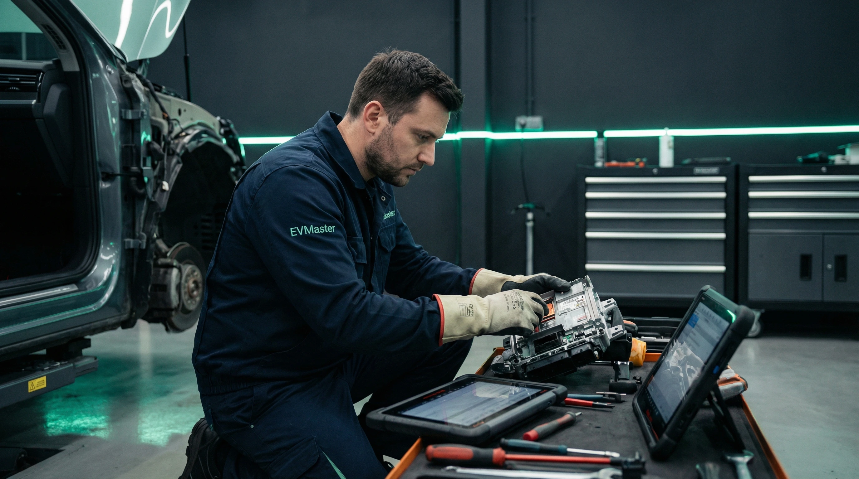 Мастер EVMaster диагностирует электронный блок электромобиля для восстановления вместо замены