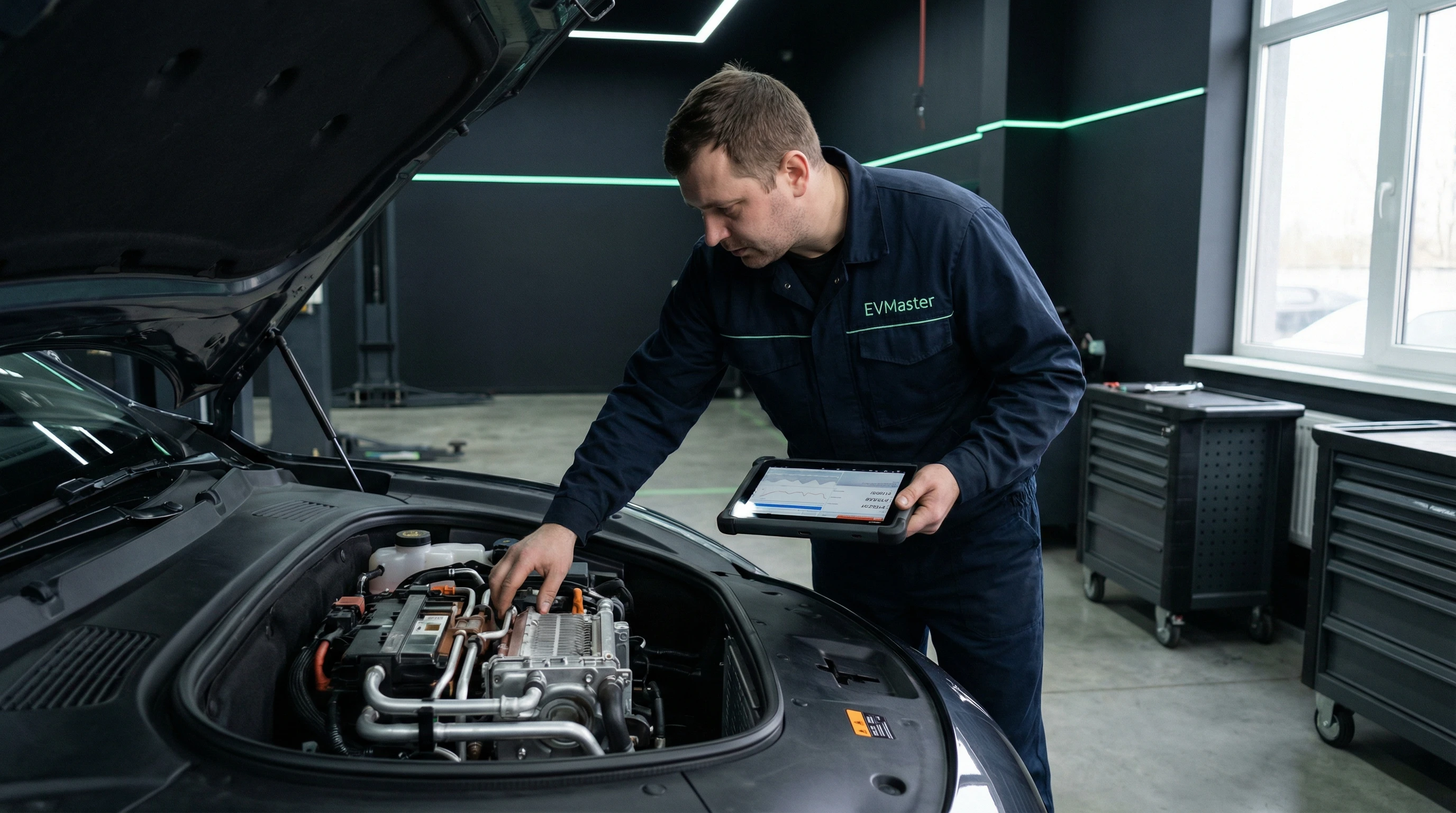 Мастер EVMaster диагностирует систему охлаждения батареи электромобиля BYD в сервисном центре Минска