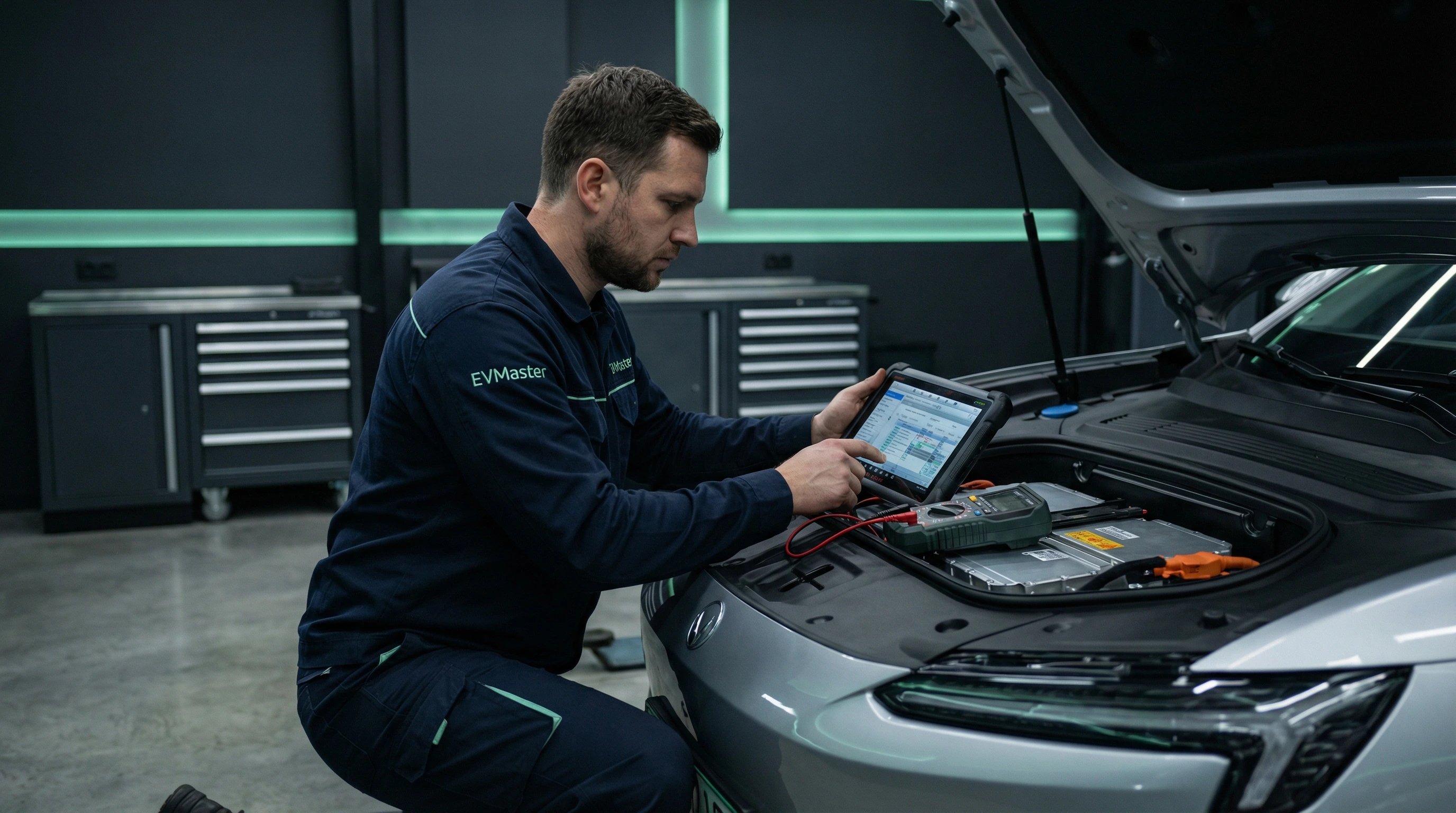Специалист EVMaster проводит диагностику электромобиля с использованием базы кодов неисправностей DTC
