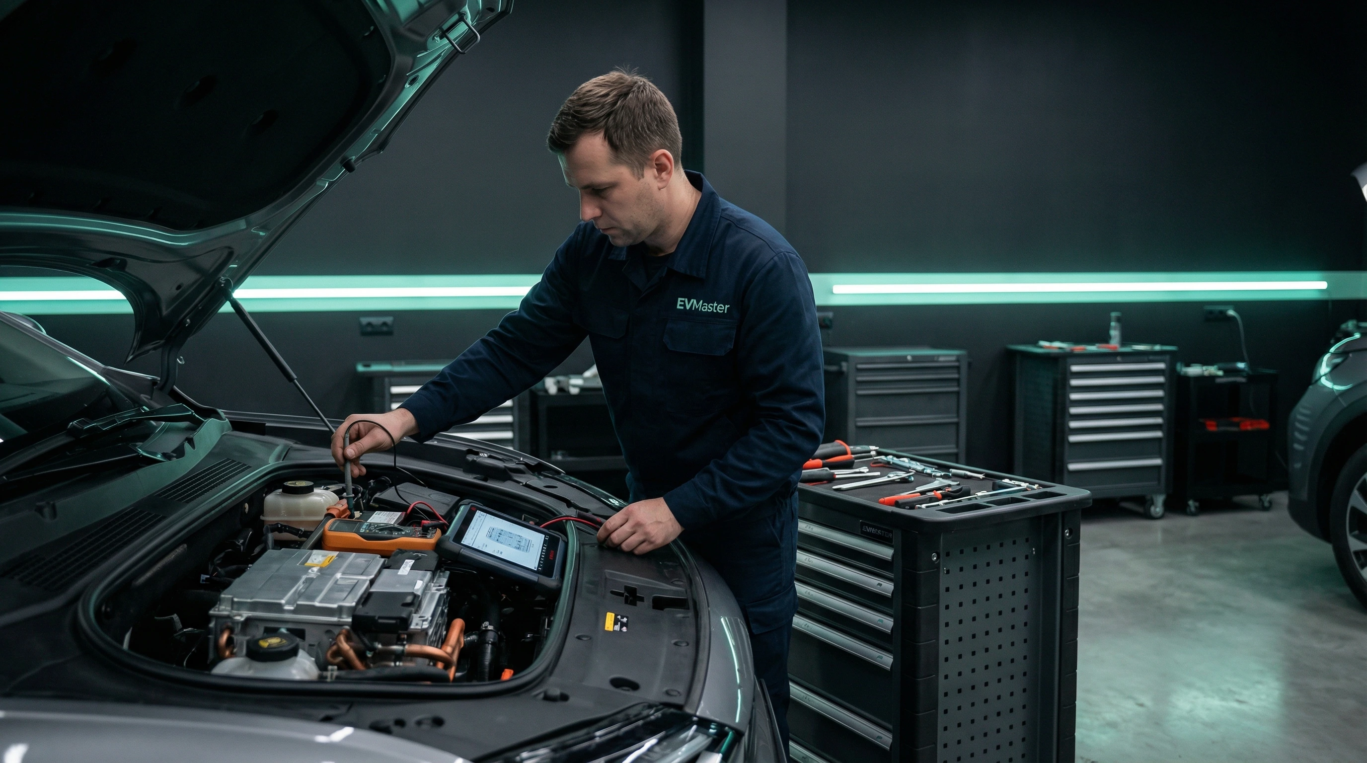 Мастер EVMaster диагностирует систему отопления электромобиля с помощью сканера для определения неисправности теплового насоса или PTC